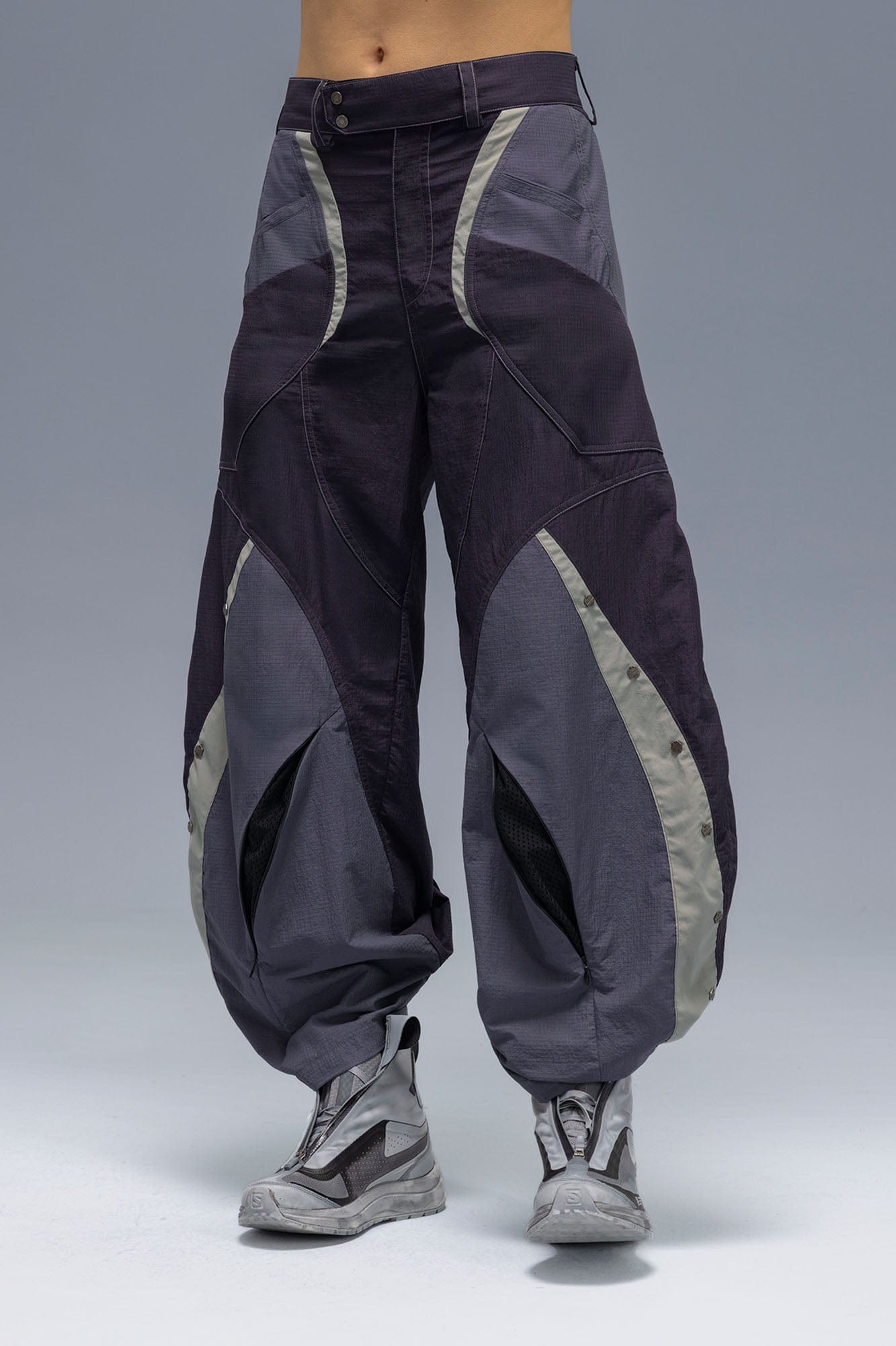 XIPHEVIL Deconstructed Contrast Panel Utility Curved Pants, premium urban and streetwear designers apparel on PROJECTISR.com, XIPHEVIL