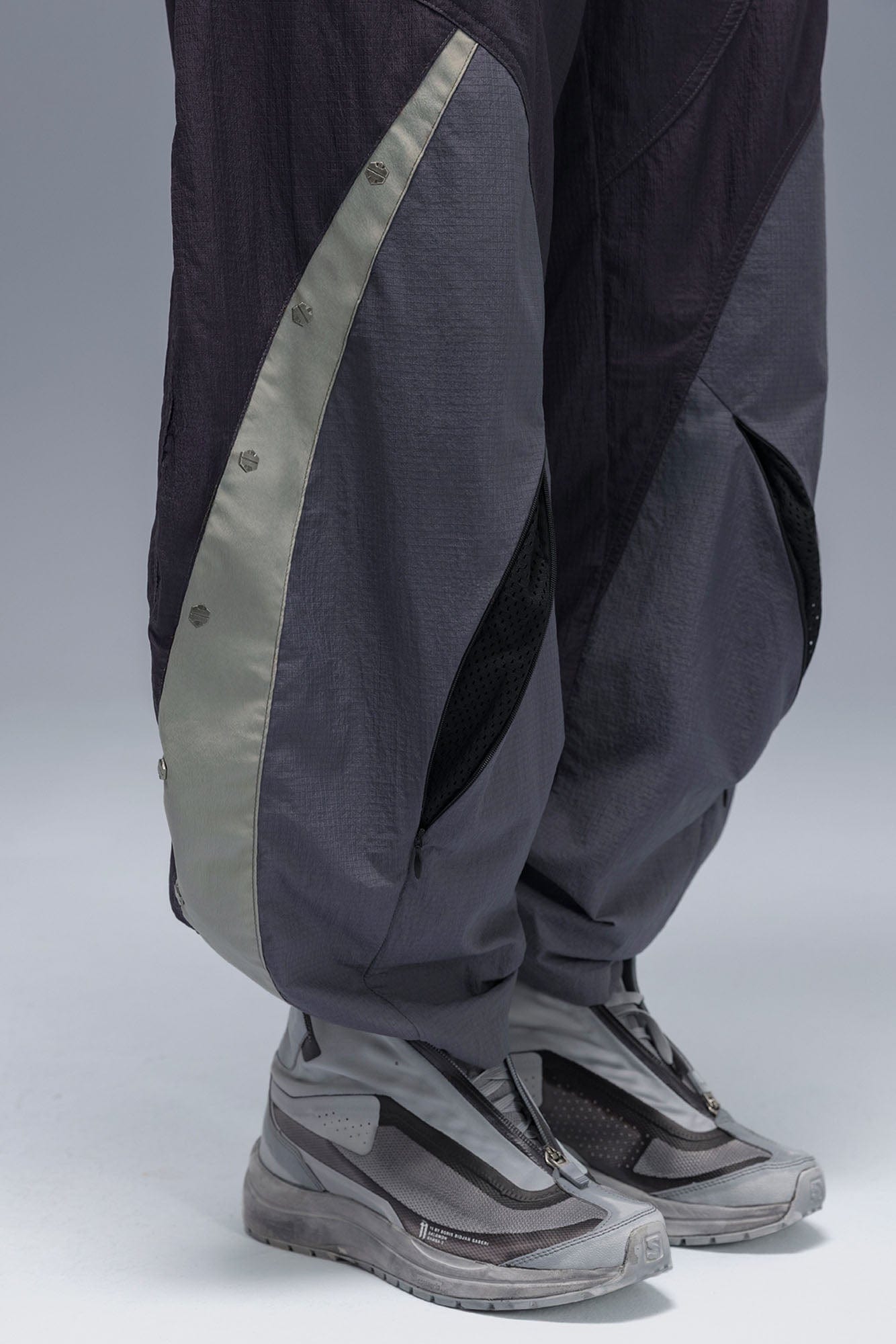 XIPHEVIL Deconstructed Contrast Panel Utility Curved Pants, premium urban and streetwear designers apparel on PROJECTISR.com, XIPHEVIL