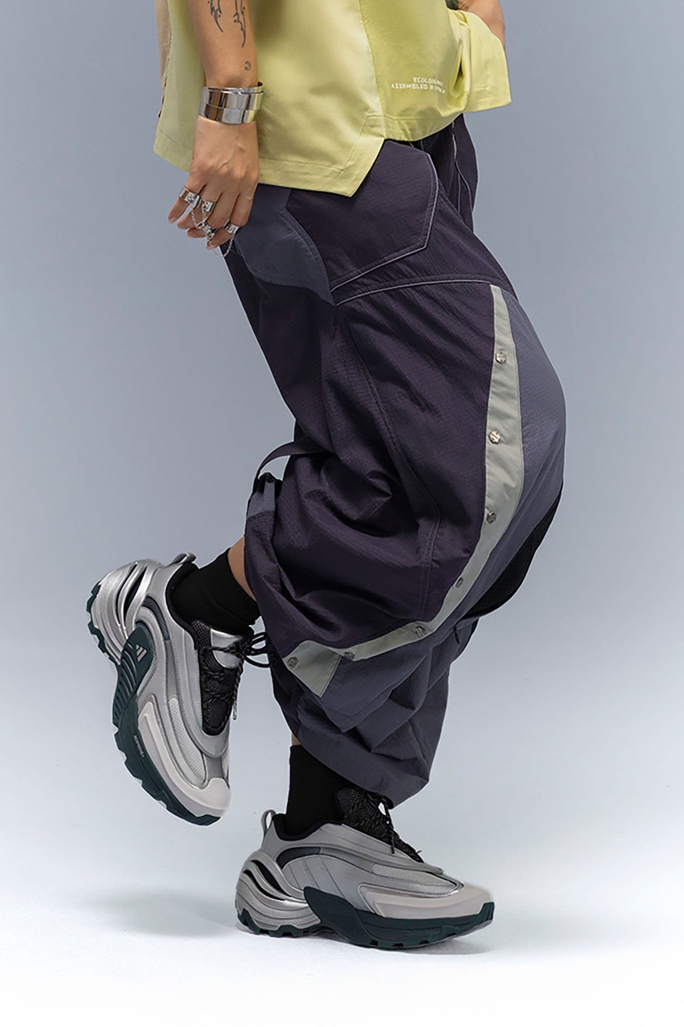 XIPHEVIL Deconstructed Contrast Panel Utility Curved Pants, premium urban and streetwear designers apparel on PROJECTISR.com, XIPHEVIL