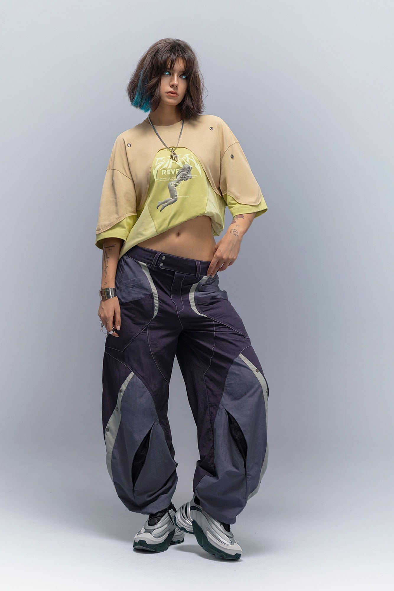 XIPHEVIL Deconstructed Contrast Panel Utility Curved Pants, premium urban and streetwear designers apparel on PROJECTISR.com, XIPHEVIL