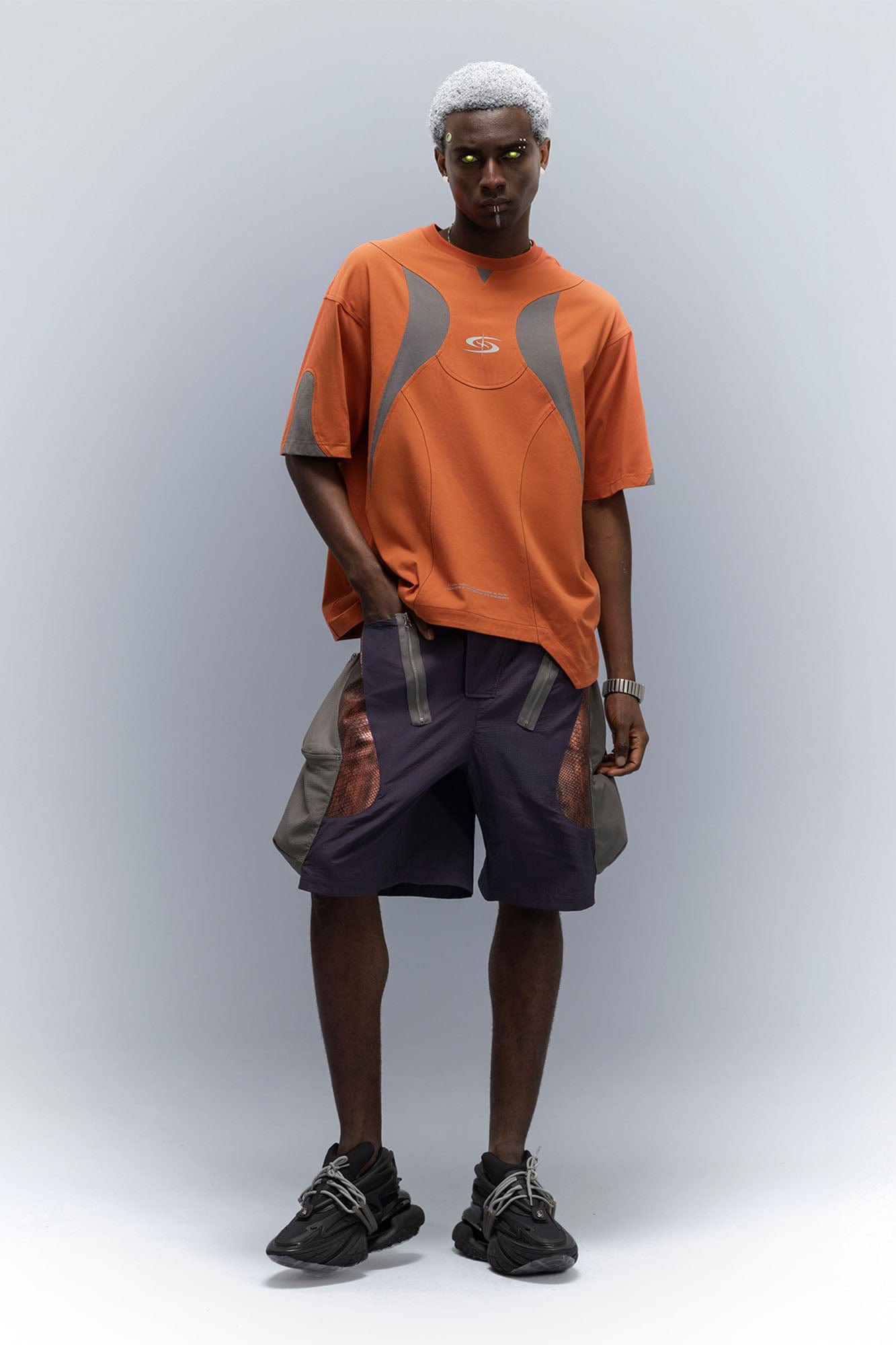 XIPHEVIL Snake Skin Contrast Panel Multi-Pocket Shorts, premium urban and streetwear designers apparel on PROJECTISR.com, XIPHEVIL