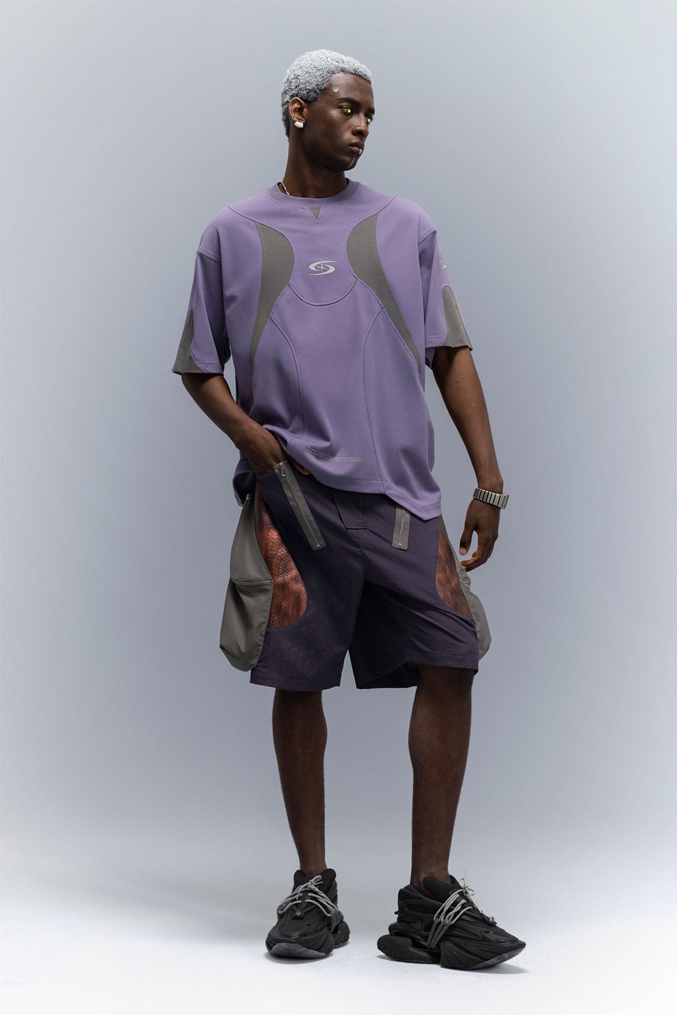 XIPHEVIL Snake Skin Contrast Panel Multi-Pocket Shorts, premium urban and streetwear designers apparel on PROJECTISR.com, XIPHEVIL