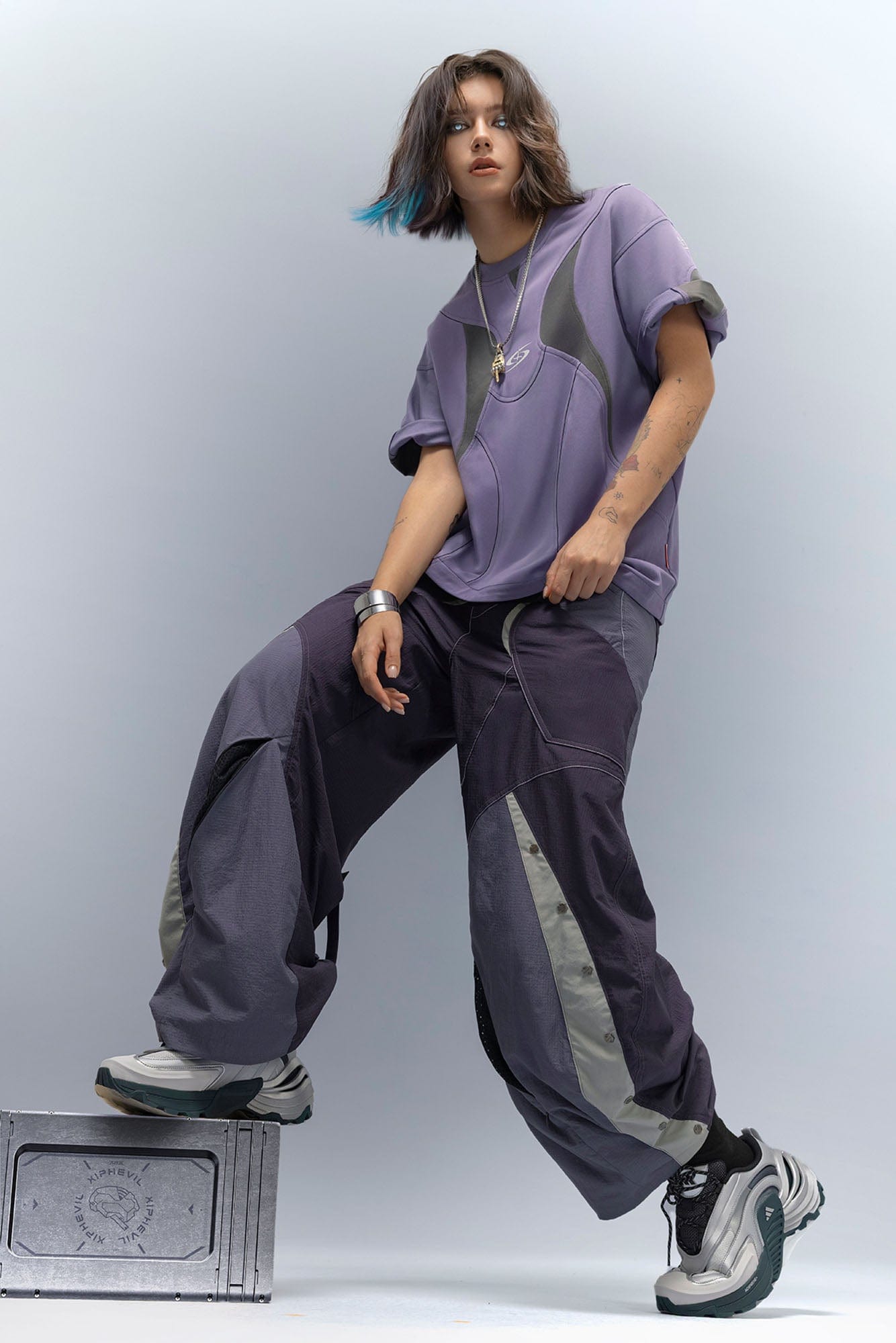 XIPHEVIL Deconstructed Contrast Panel Utility Curved Pants, premium urban and streetwear designers apparel on PROJECTISR.com, XIPHEVIL