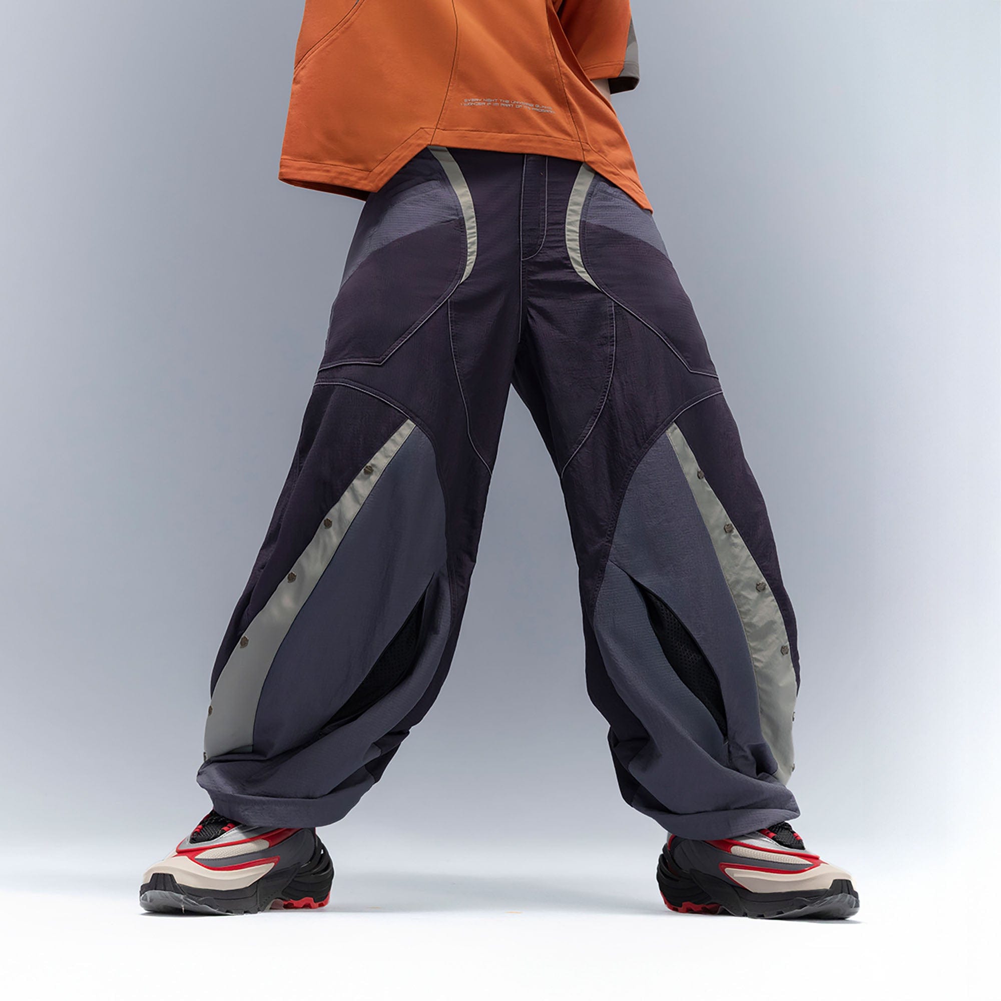 XIPHEVIL Deconstructed Contrast Panel Utility Curved Pants, premium urban and streetwear designers apparel on PROJECTISR.com, XIPHEVIL