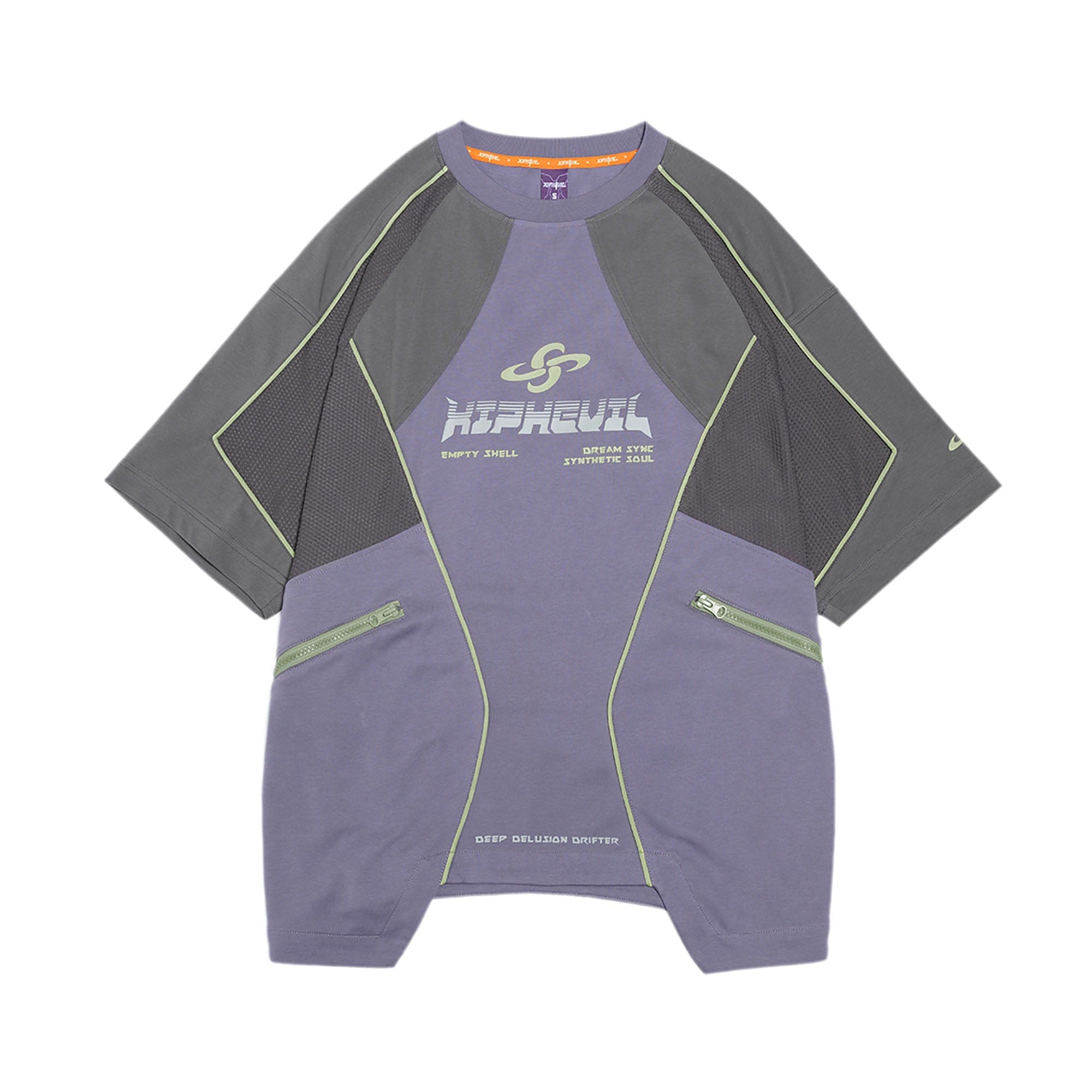 XIPHEVIL Contrast Paneled Mesh Zip-Pocket Raglan T-Shirt Purple