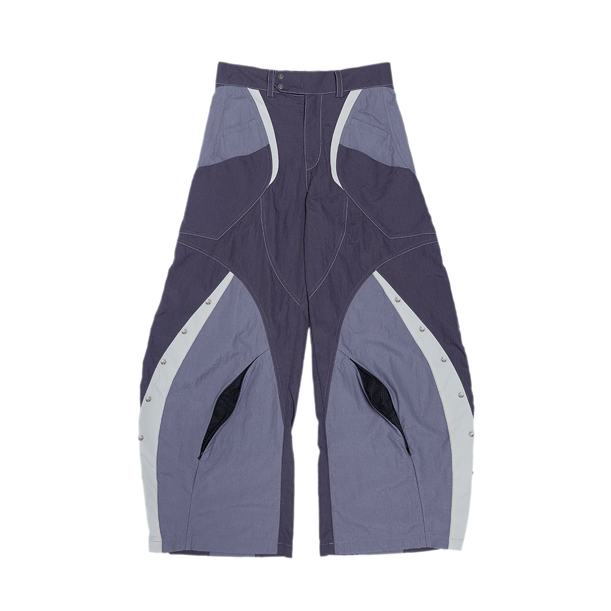 XIPHEVIL Deconstructed Contrast Panel Utility Curved Pants, premium urban and streetwear designers apparel on PROJECTISR.com, XIPHEVIL