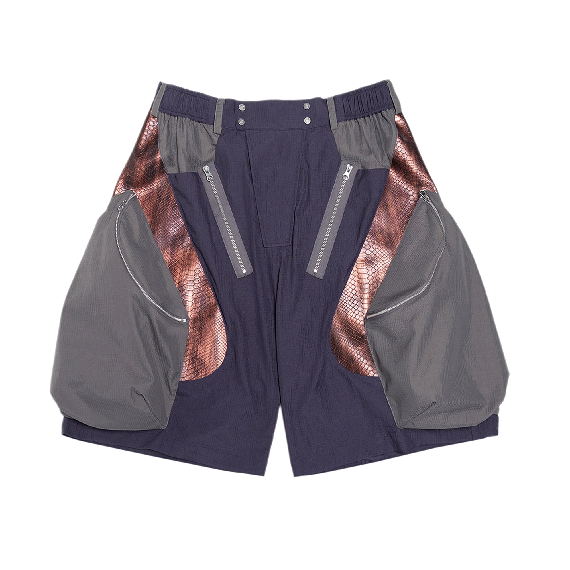 XIPHEVIL Snake Skin Contrast Panel Multi-Pocket Shorts, premium urban and streetwear designers apparel on PROJECTISR.com, XIPHEVIL