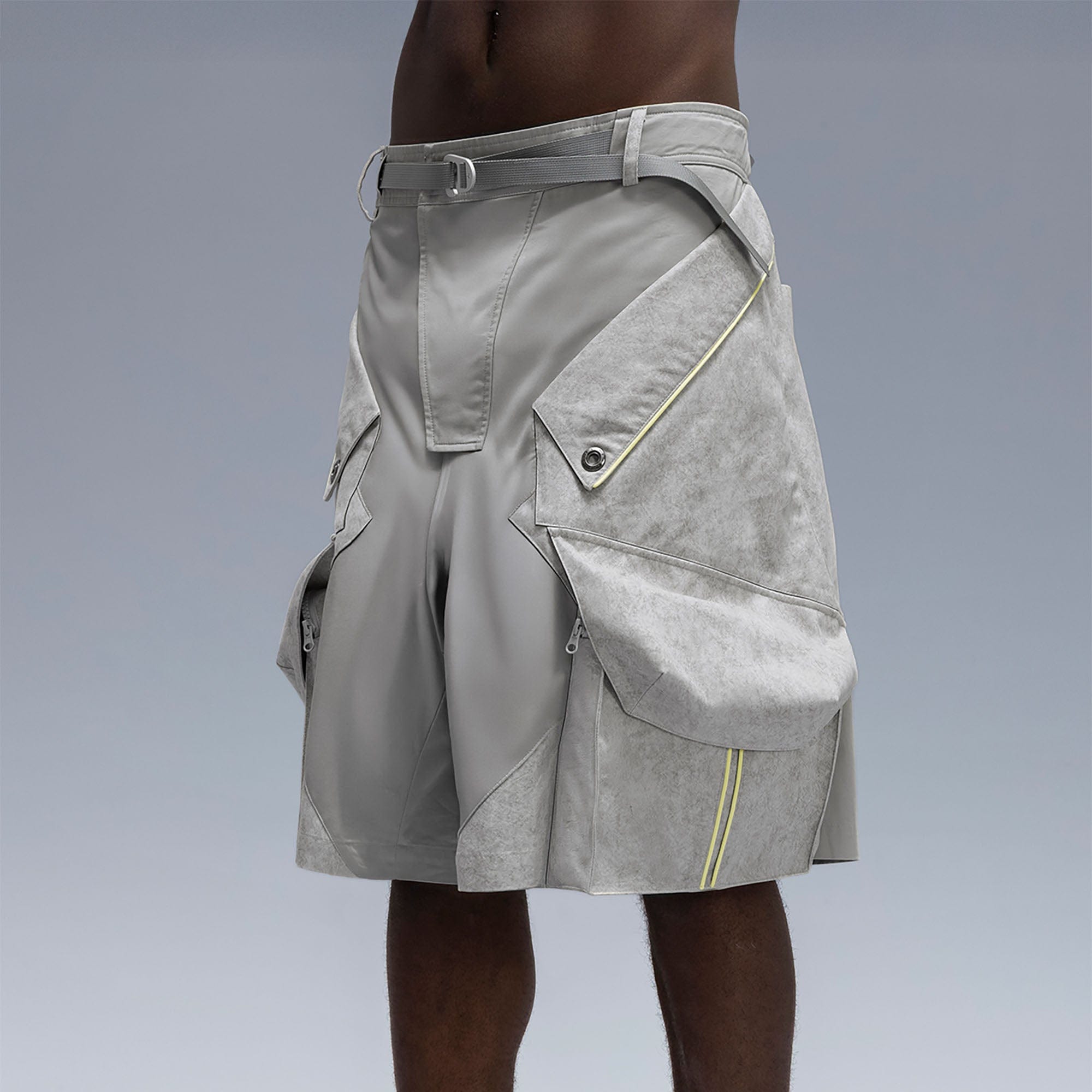XIPHEVIL Washed Contrast Panel Pocket Utility Shorts Gray, premium urban and streetwear designers apparel on PROJECTISR.com, XIPHEVIL