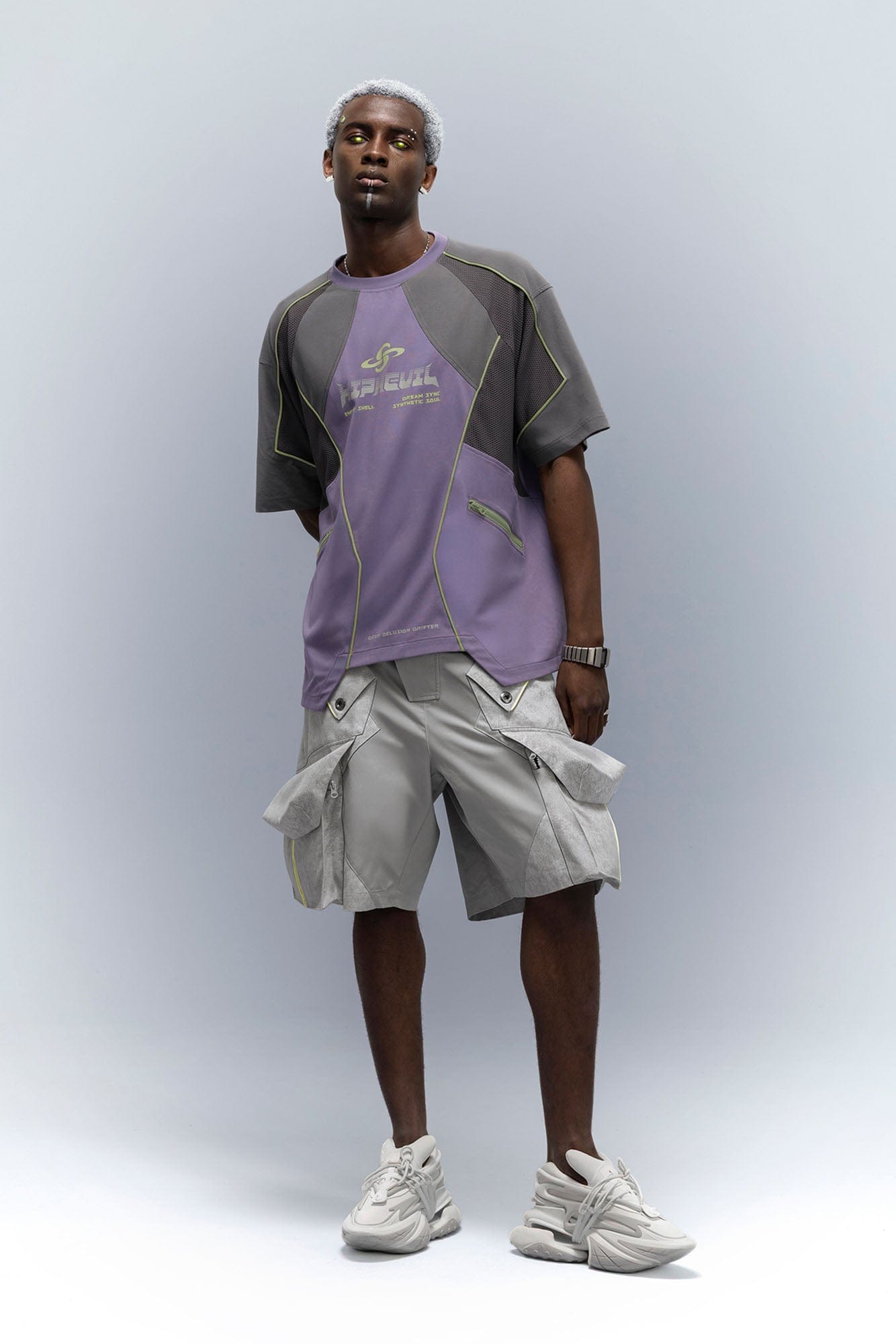 XIPHEVIL Washed Contrast Panel Pocket Utility Shorts Gray, premium urban and streetwear designers apparel on PROJECTISR.com, XIPHEVIL