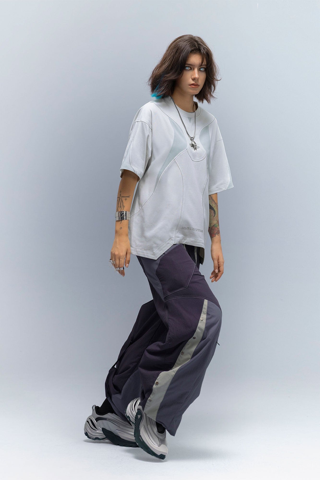 XIPHEVIL Deconstructed Contrast Panel Utility Curved Pants, premium urban and streetwear designers apparel on PROJECTISR.com, XIPHEVIL