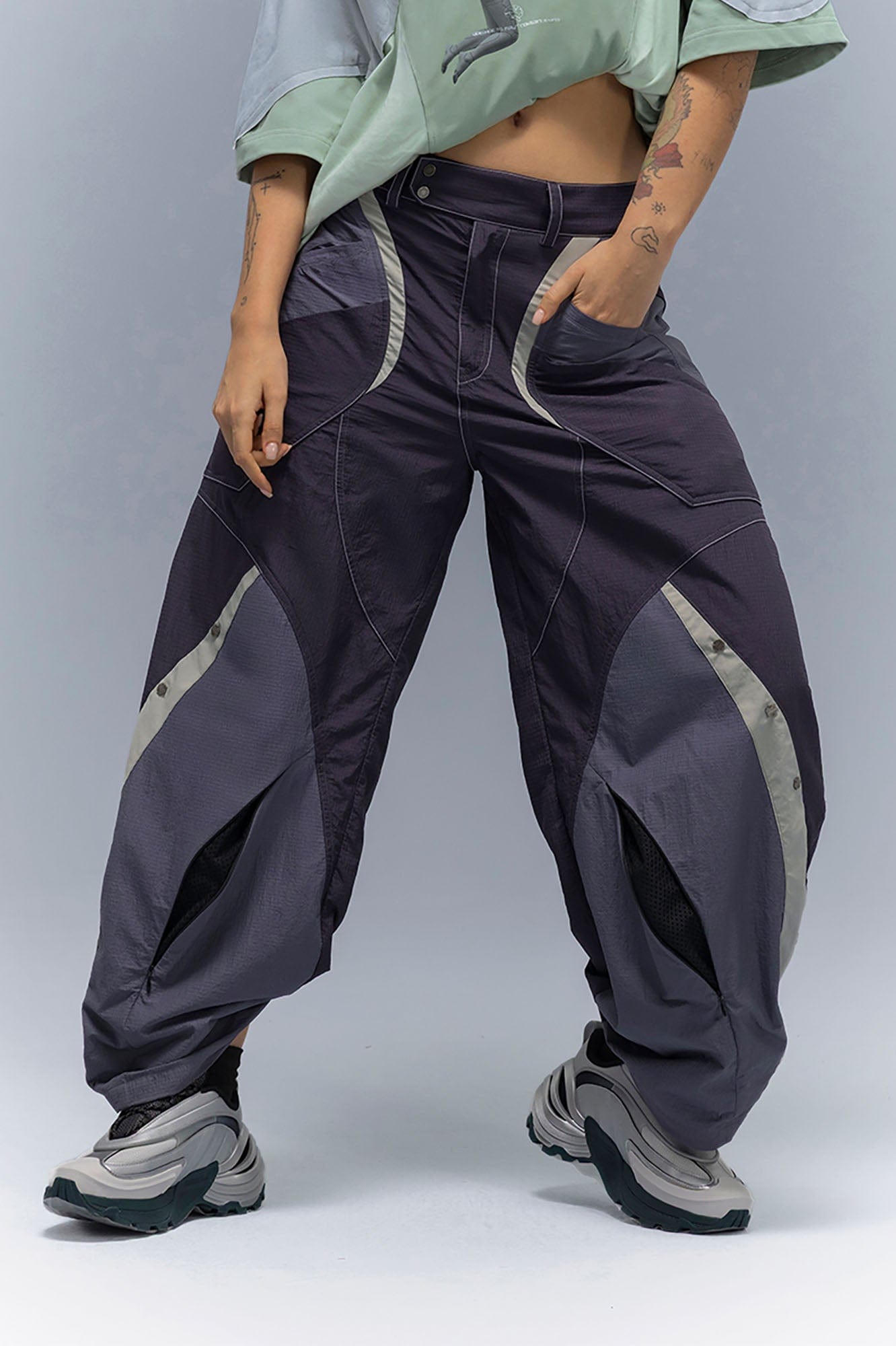 XIPHEVIL Deconstructed Contrast Panel Utility Curved Pants, premium urban and streetwear designers apparel on PROJECTISR.com, XIPHEVIL