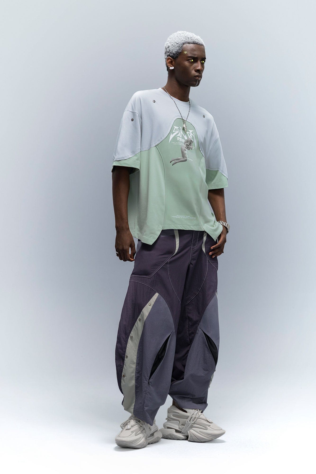 XIPHEVIL Deconstructed Contrast Panel Utility Curved Pants, premium urban and streetwear designers apparel on PROJECTISR.com, XIPHEVIL