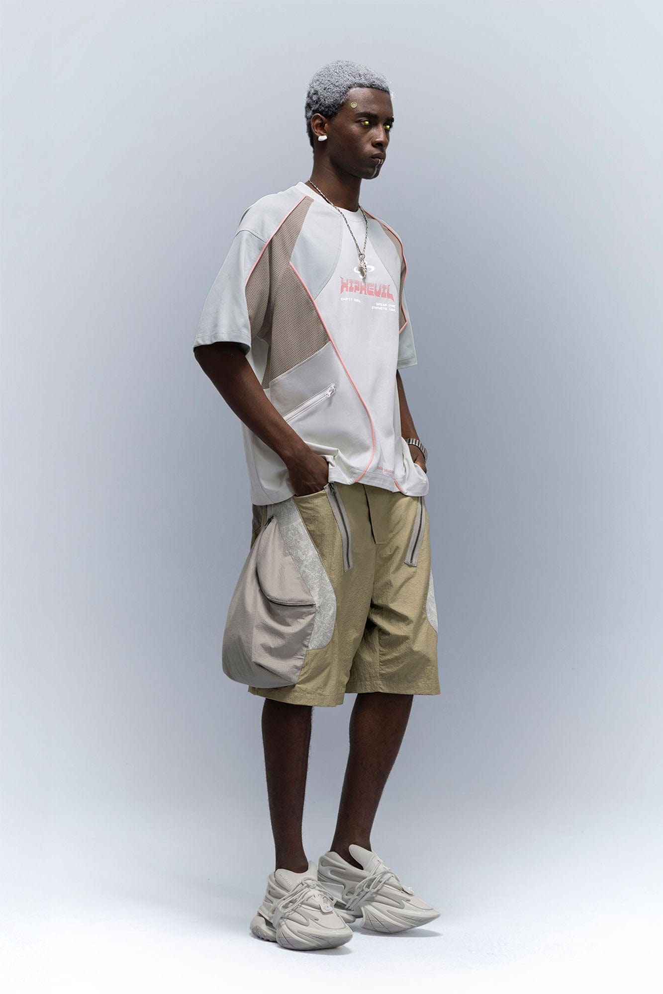 XIPHEVIL Snake Skin Contrast Panel Multi-Pocket Shorts, premium urban and streetwear designers apparel on PROJECTISR.com, XIPHEVIL