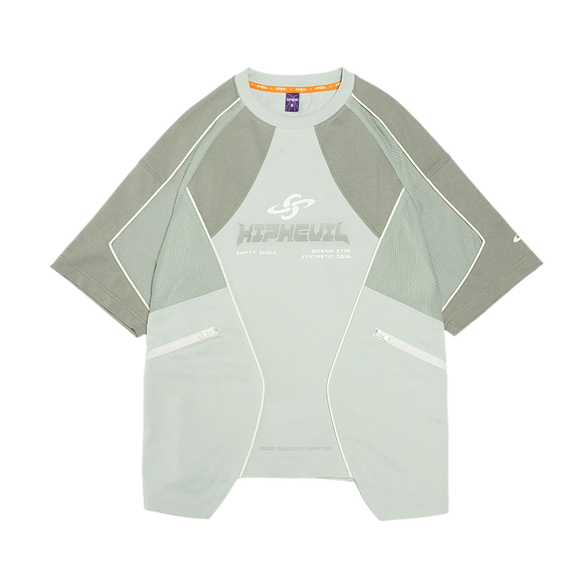 XIPHEVIL Contrast Paneled Mesh Zip-Pocket Raglan T-Shirt Green