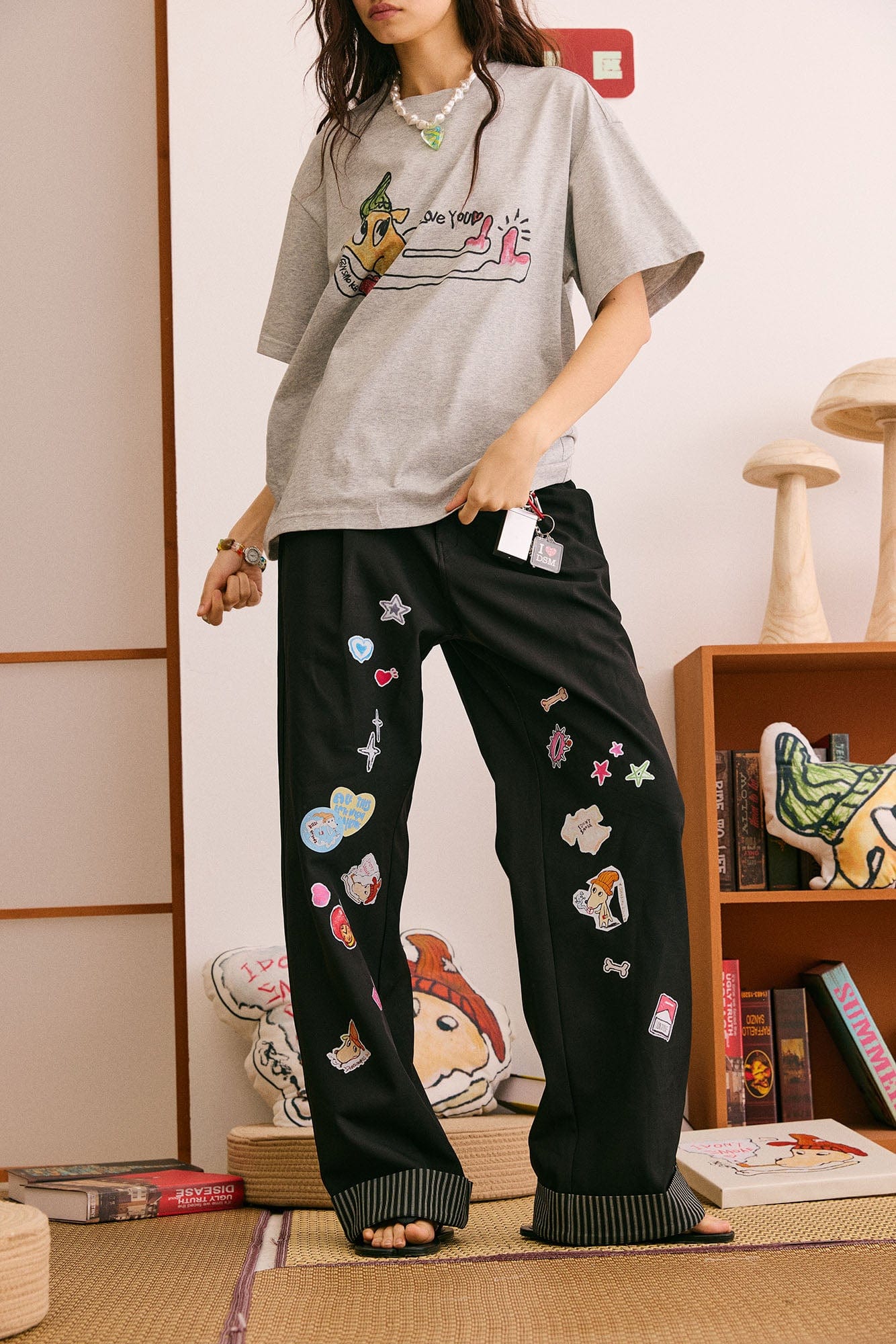 DONSMOKE Puppy Sticker Fold Striped Hem Trousers, premium urban and streetwear designers apparel on PROJECTISR.com, DONSMOKE