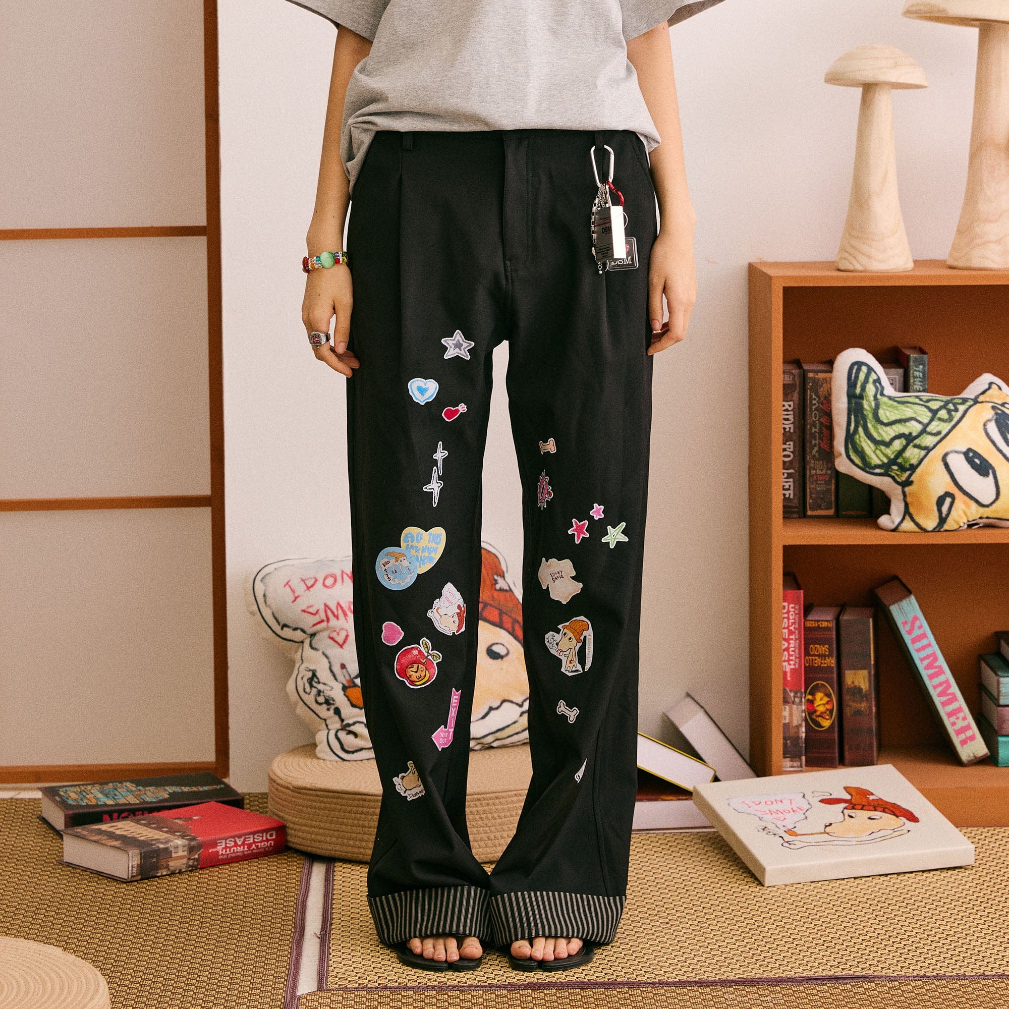 DONSMOKE Puppy Sticker Fold Striped Hem Trousers, premium urban and streetwear designers apparel on PROJECTISR.com, DONSMOKE
