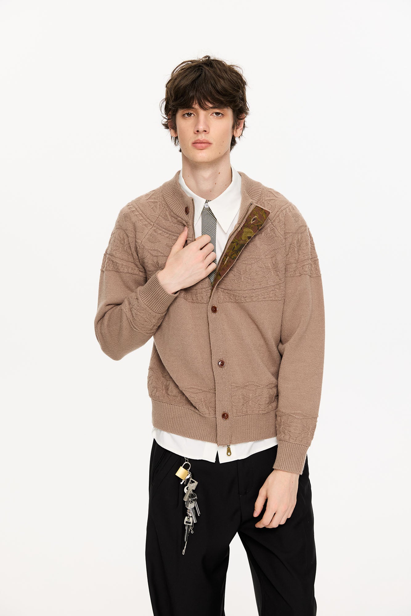 KREATE Double-Placket Jacquard Yoke Cardigan