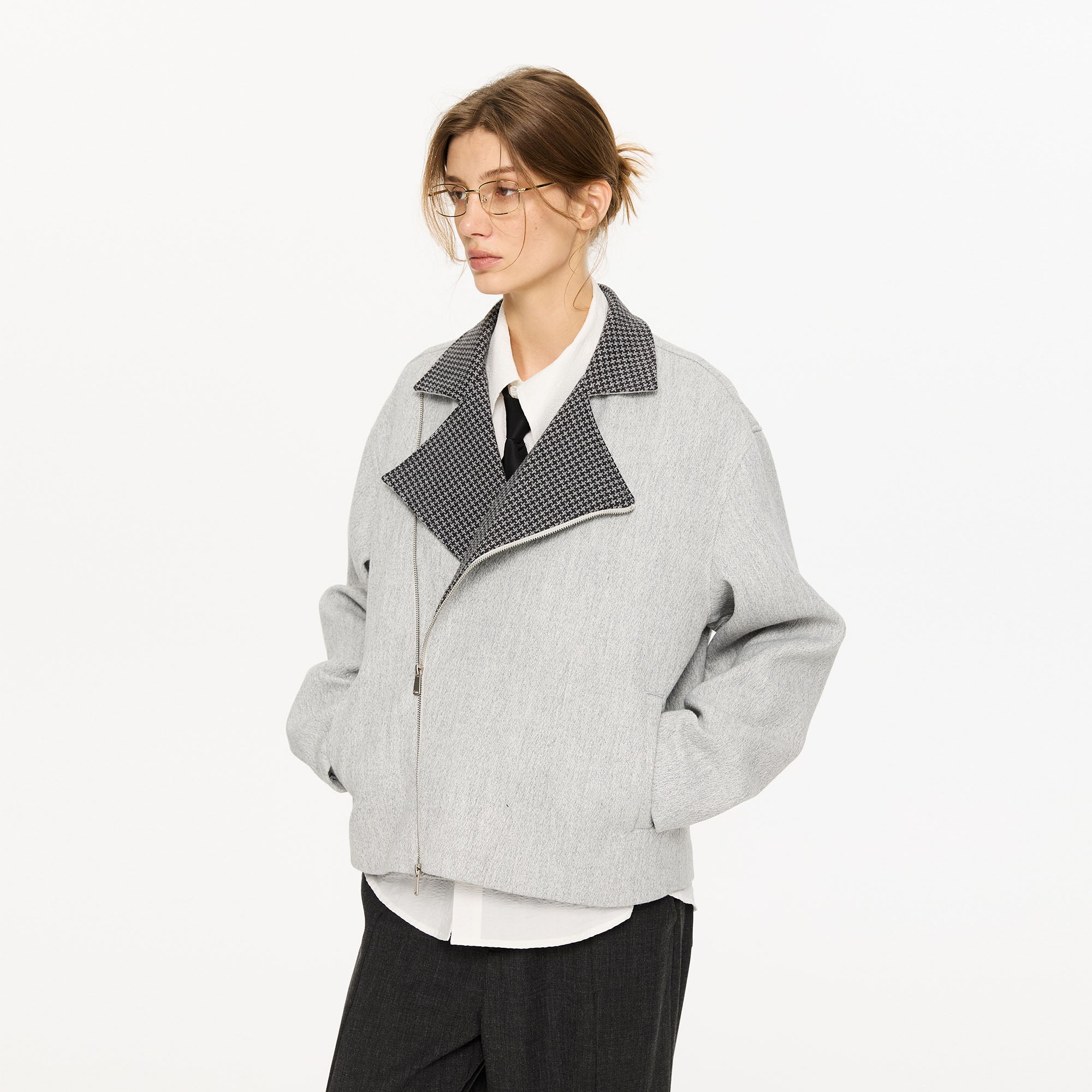 KREATE Houndstooth Wool-Blend Moto Jacket, premium urban and streetwear designers apparel on PROJECTISR.com, KREATE