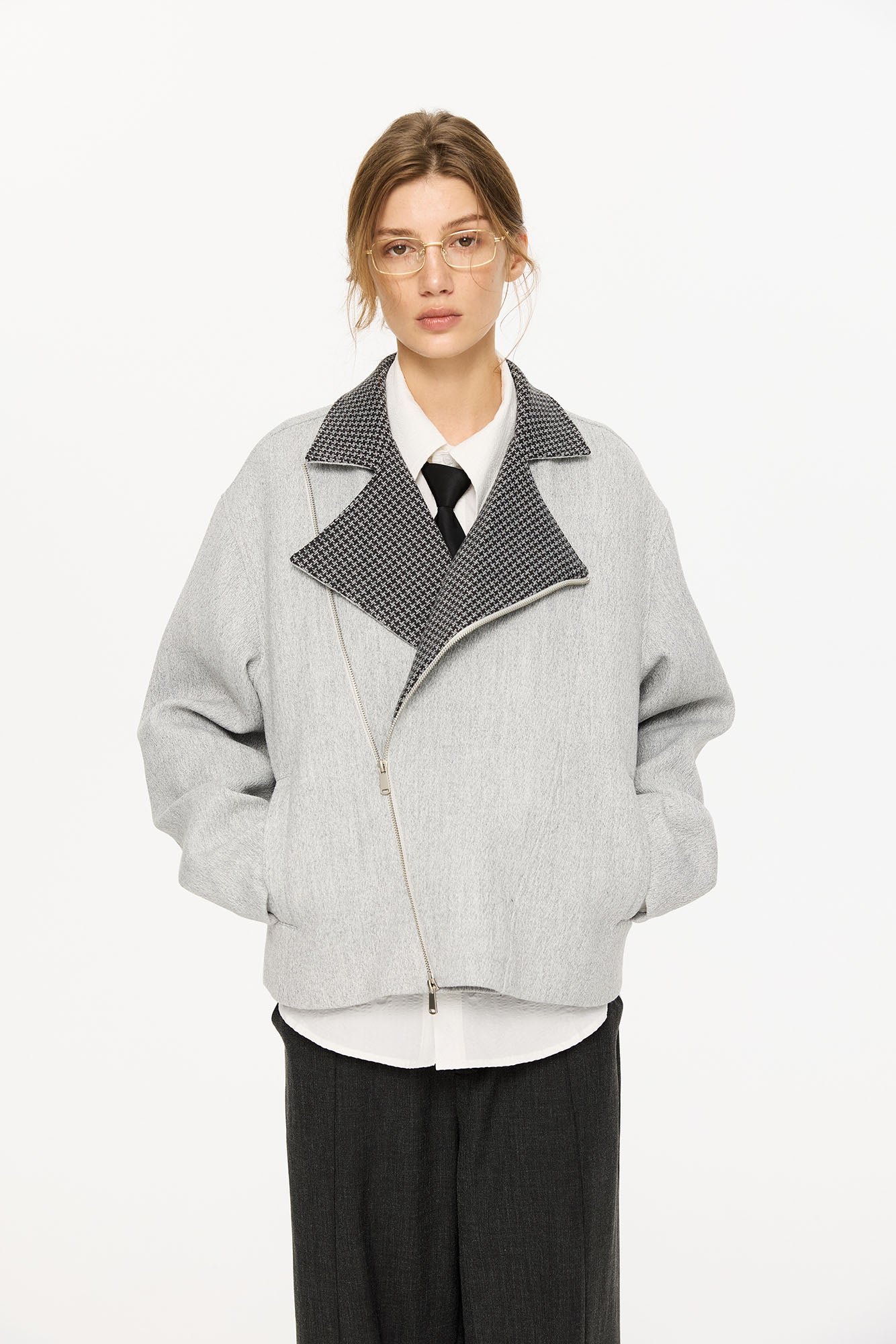 KREATE Houndstooth Wool-Blend Moto Jacket, premium urban and streetwear designers apparel on PROJECTISR.com, KREATE