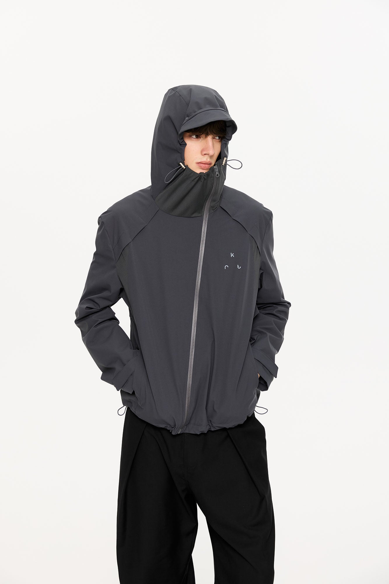 KREATE Asymmetric-Zip Teflon Hooded Jacket, premium urban and streetwear designers apparel on PROJECTISR.com, KREATE