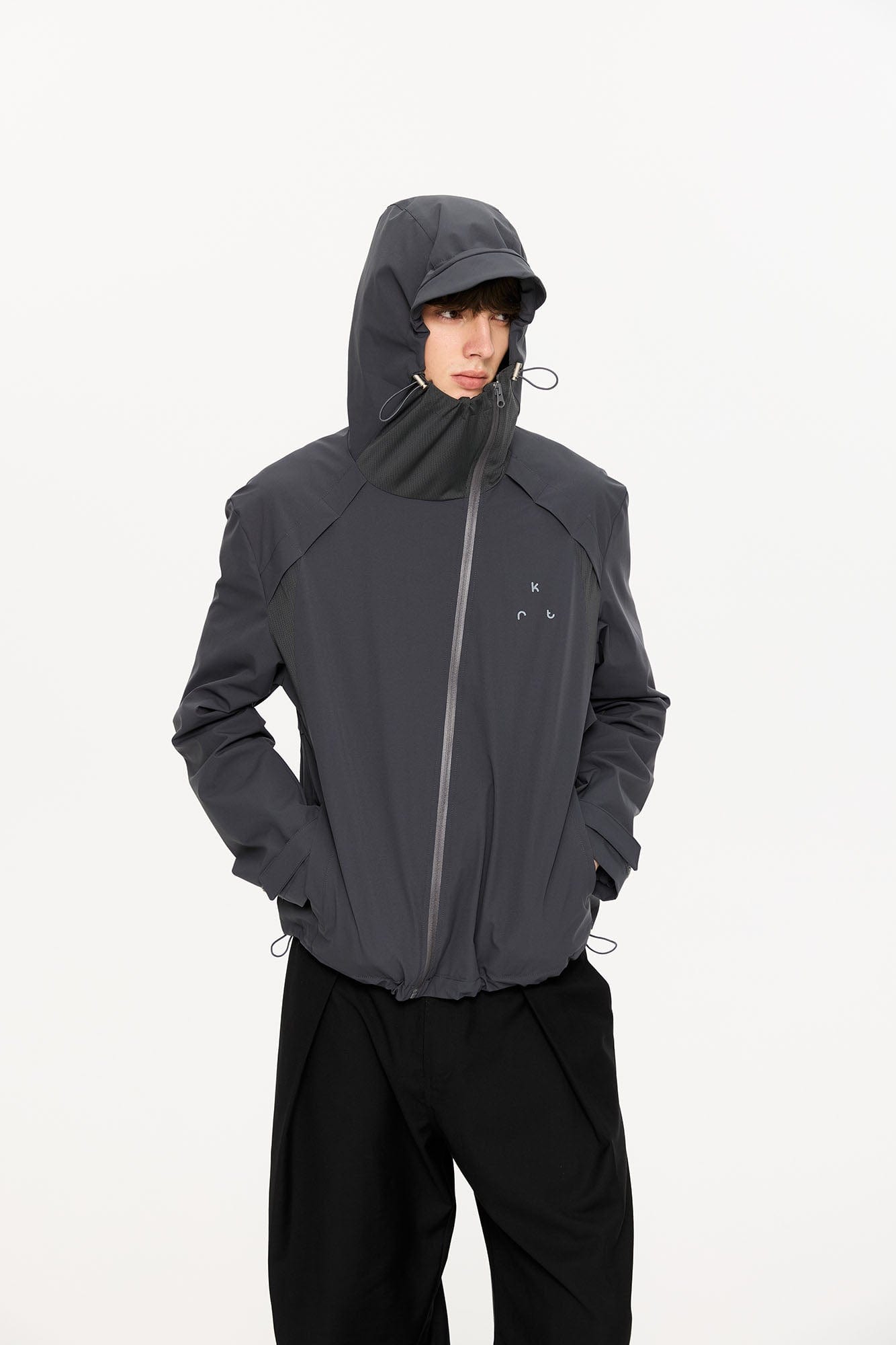 KREATE Asymmetric-Zip Teflon Hooded Jacket, premium urban and streetwear designers apparel on PROJECTISR.com, KREATE