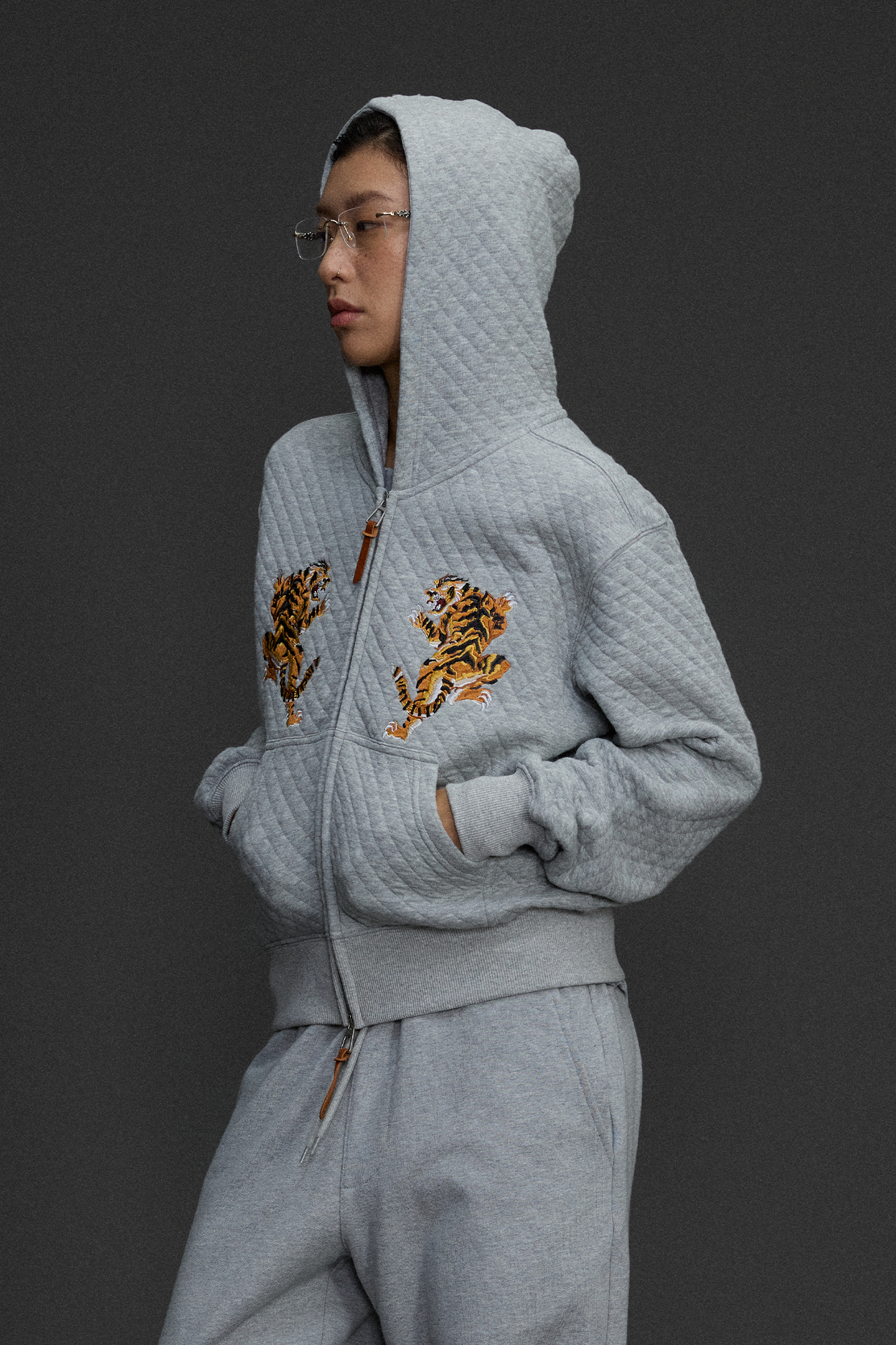 NIANJIUYIKOUER Tiger Embroidered Quilted Zip-Up Hoodie, premium urban and streetwear designers apparel on PROJECTISR.com, NIANJIUYIKOUER