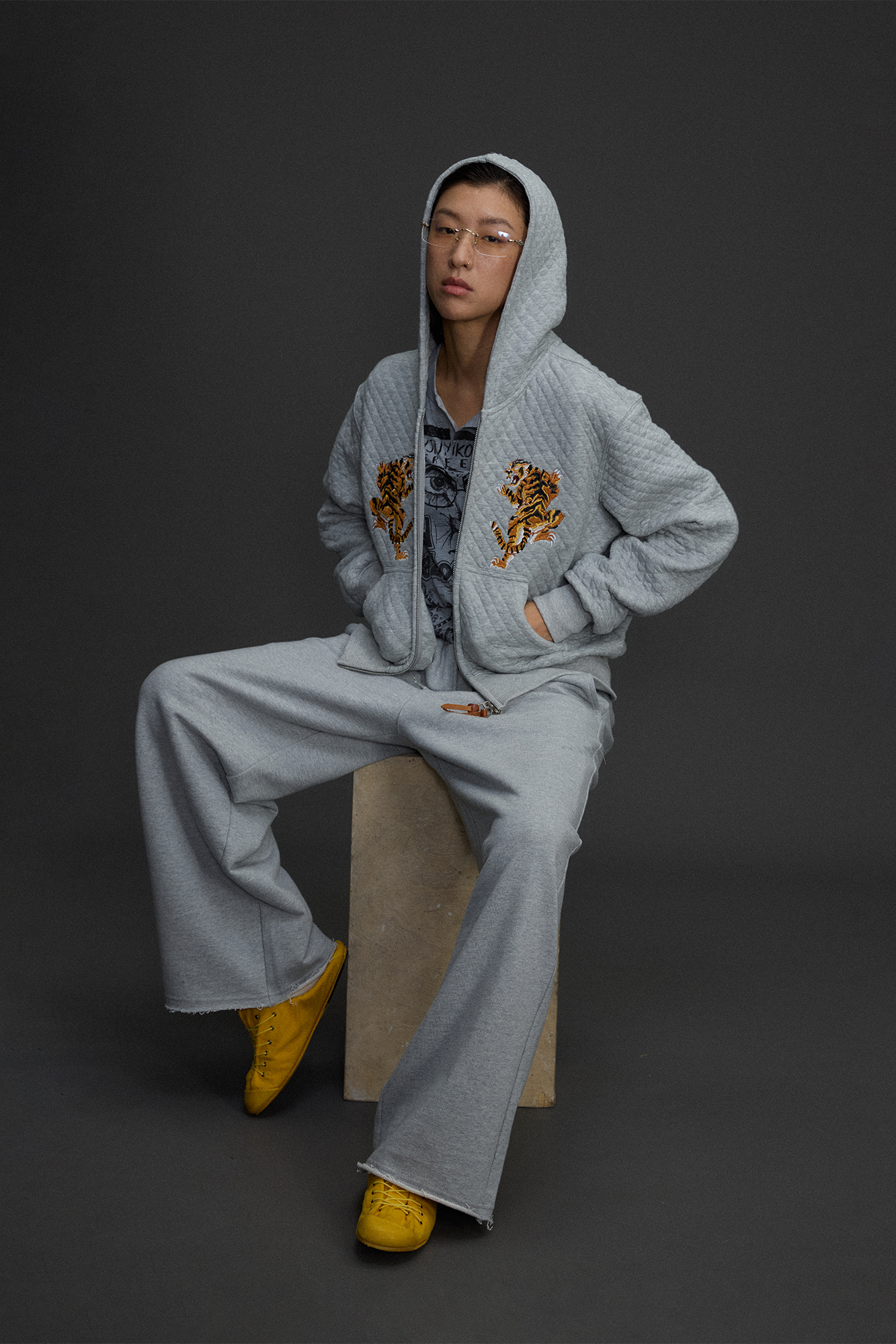 NIANJIUYIKOUER Tiger Embroidered Quilted Zip-Up Hoodie, premium urban and streetwear designers apparel on PROJECTISR.com, NIANJIUYIKOUER