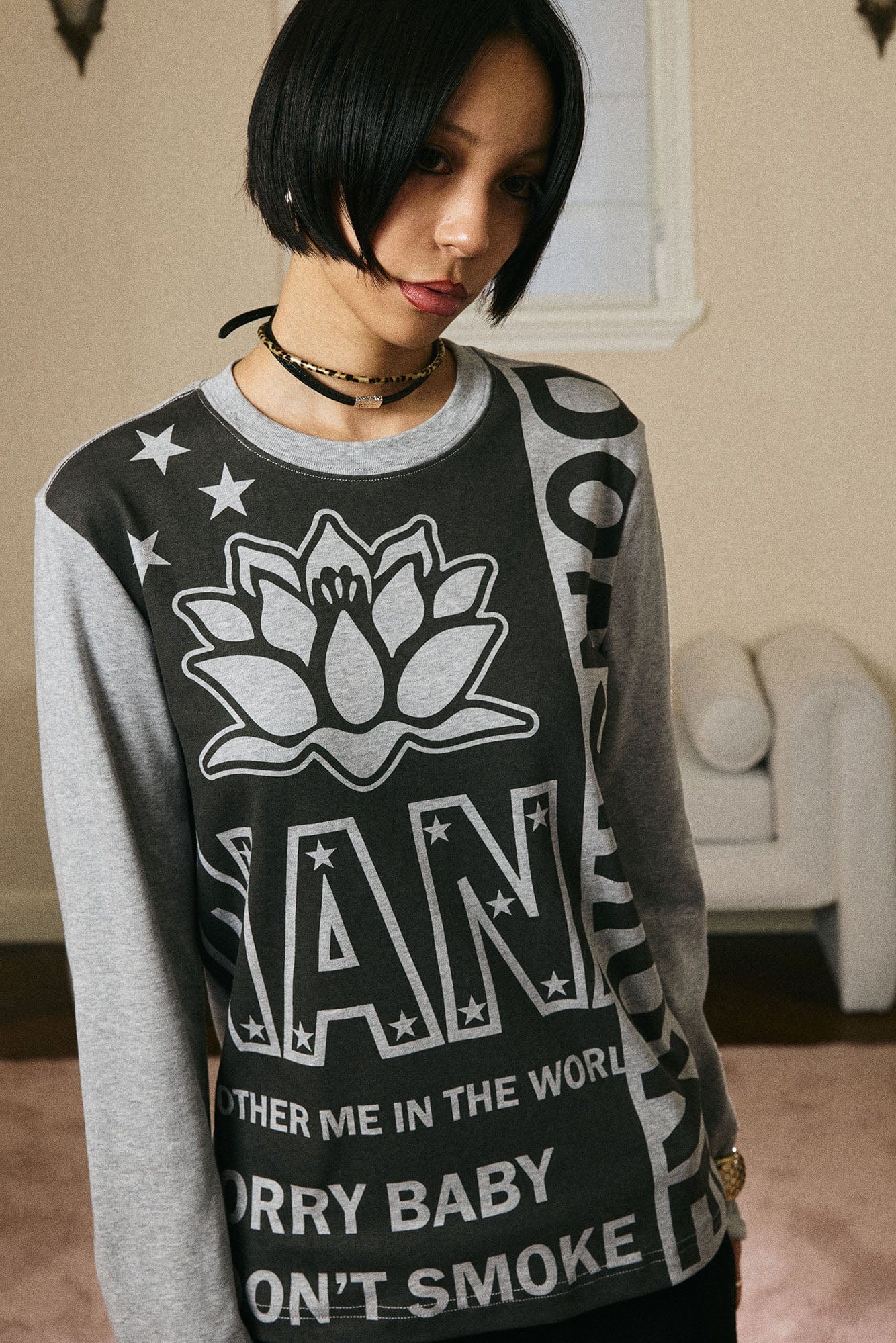 DONSMOKE × NANA Contrast Lotus Graphic Long-Sleeve Tee, premium urban and streetwear designers apparel on PROJECTISR.com, DONSMOKE