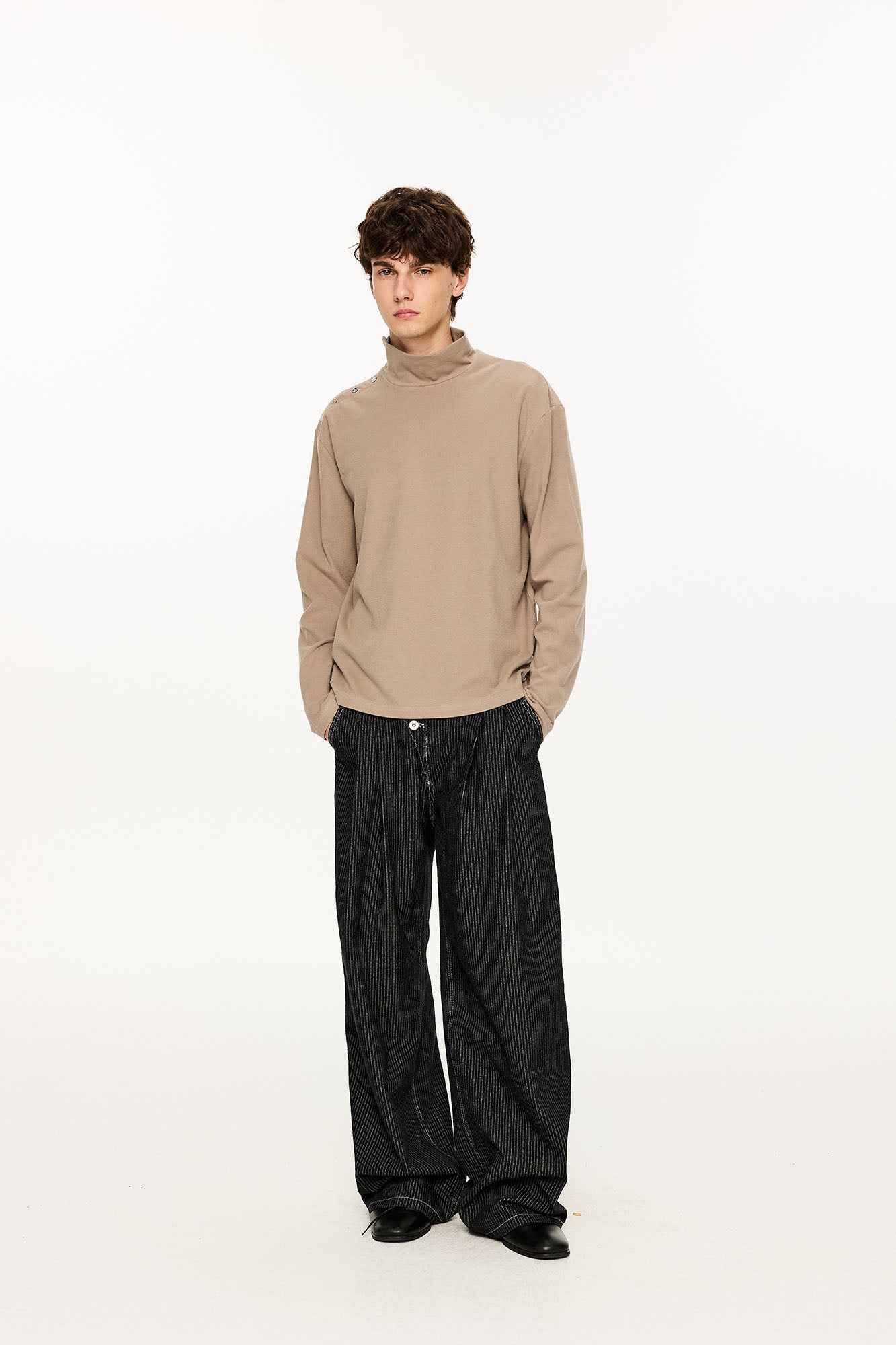 KREATE Asymmetric Button-Up Pleated Jeans