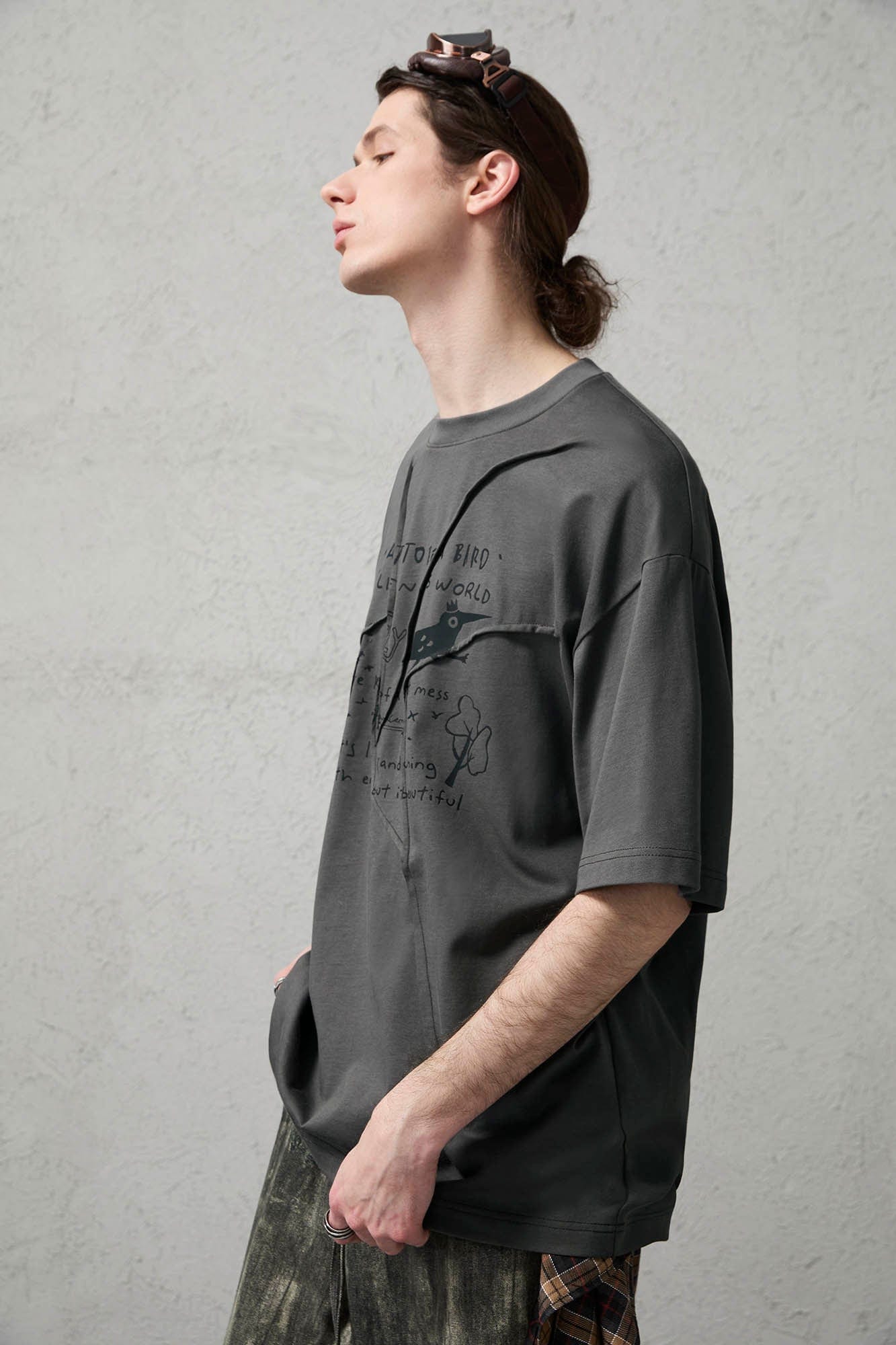 ORGANIC EMOTION Asymmetrical Pleated Script Graphic T-Shirt