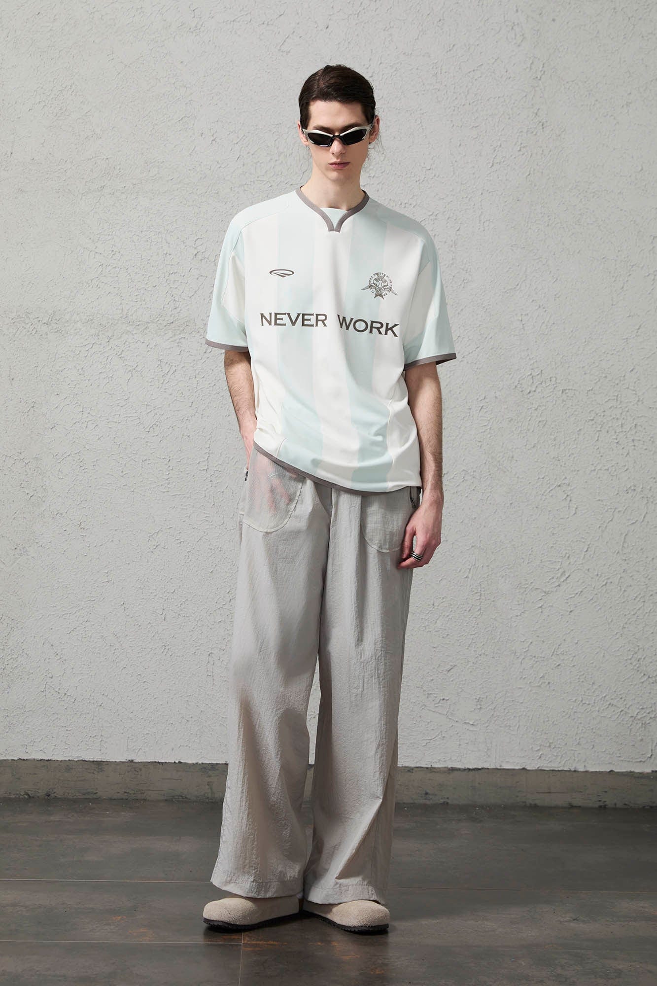 ORGANIC EMOTION Never Work Slogan Stripes Spliced Jersey
