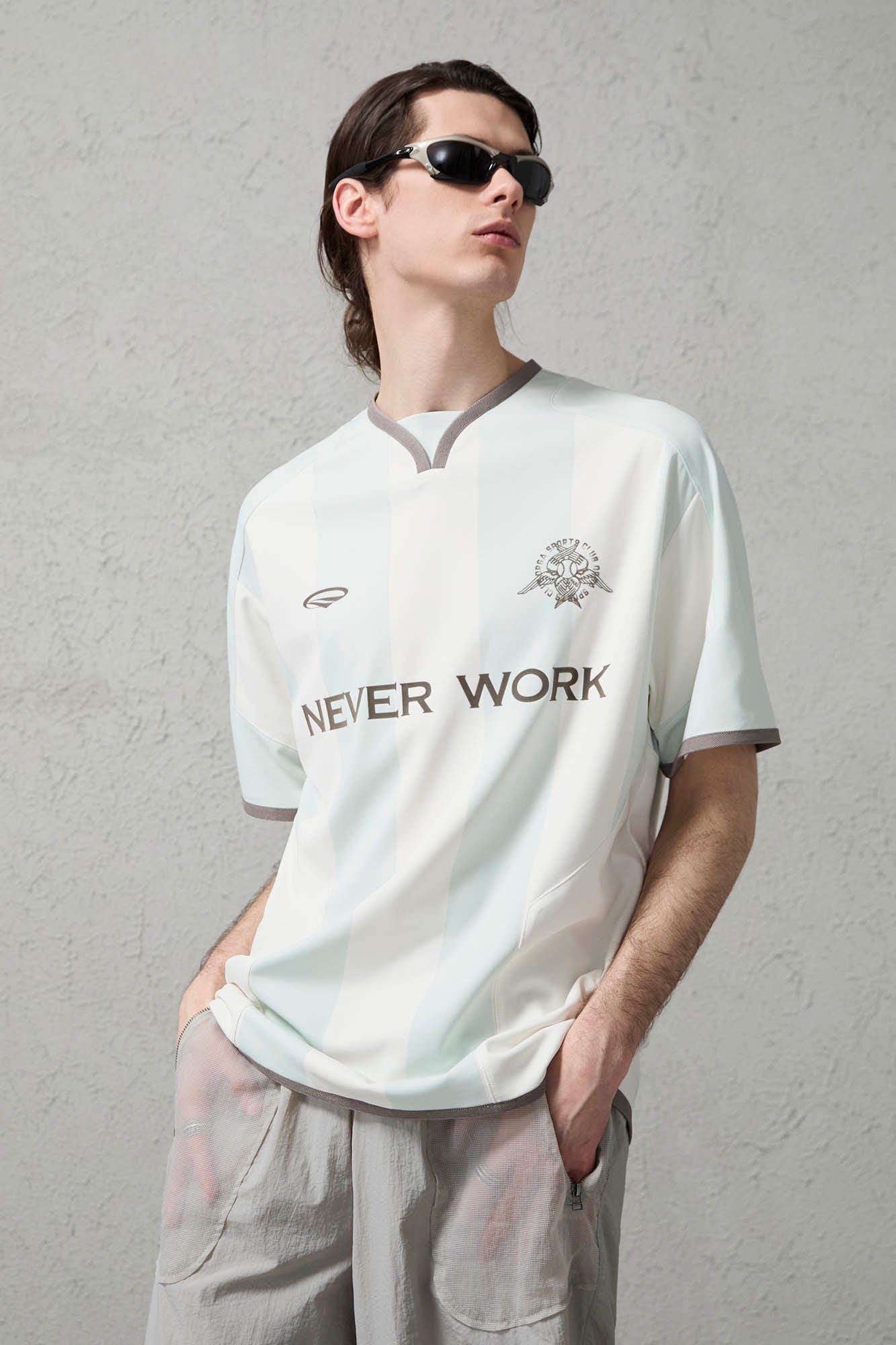 ORGANIC EMOTION Never Work Slogan Stripes Spliced Jersey