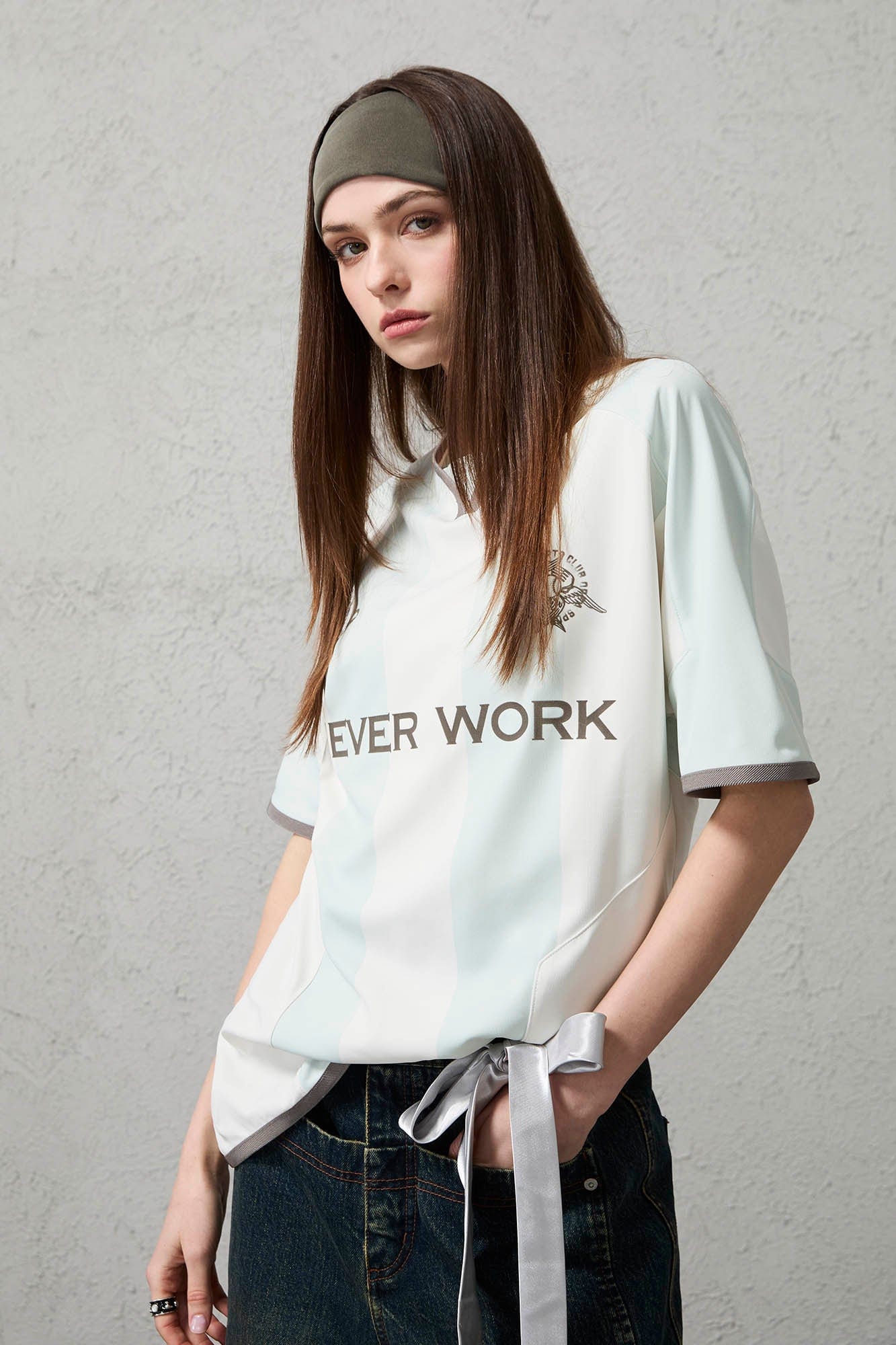 ORGANIC EMOTION Never Work Slogan Stripes Spliced Jersey