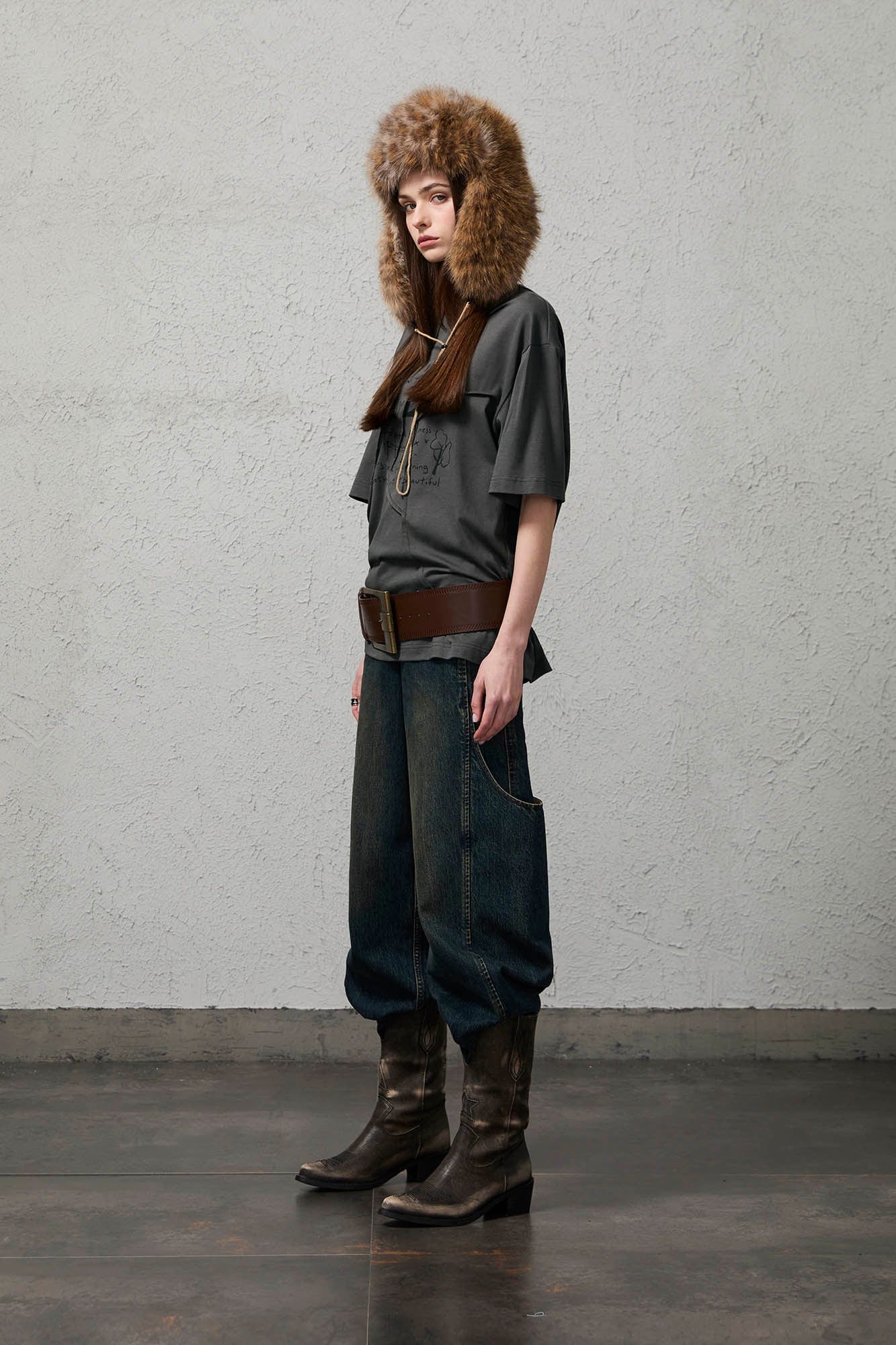 ORGANIC EMOTION Asymmetrical Pleated Script Graphic T-Shirt