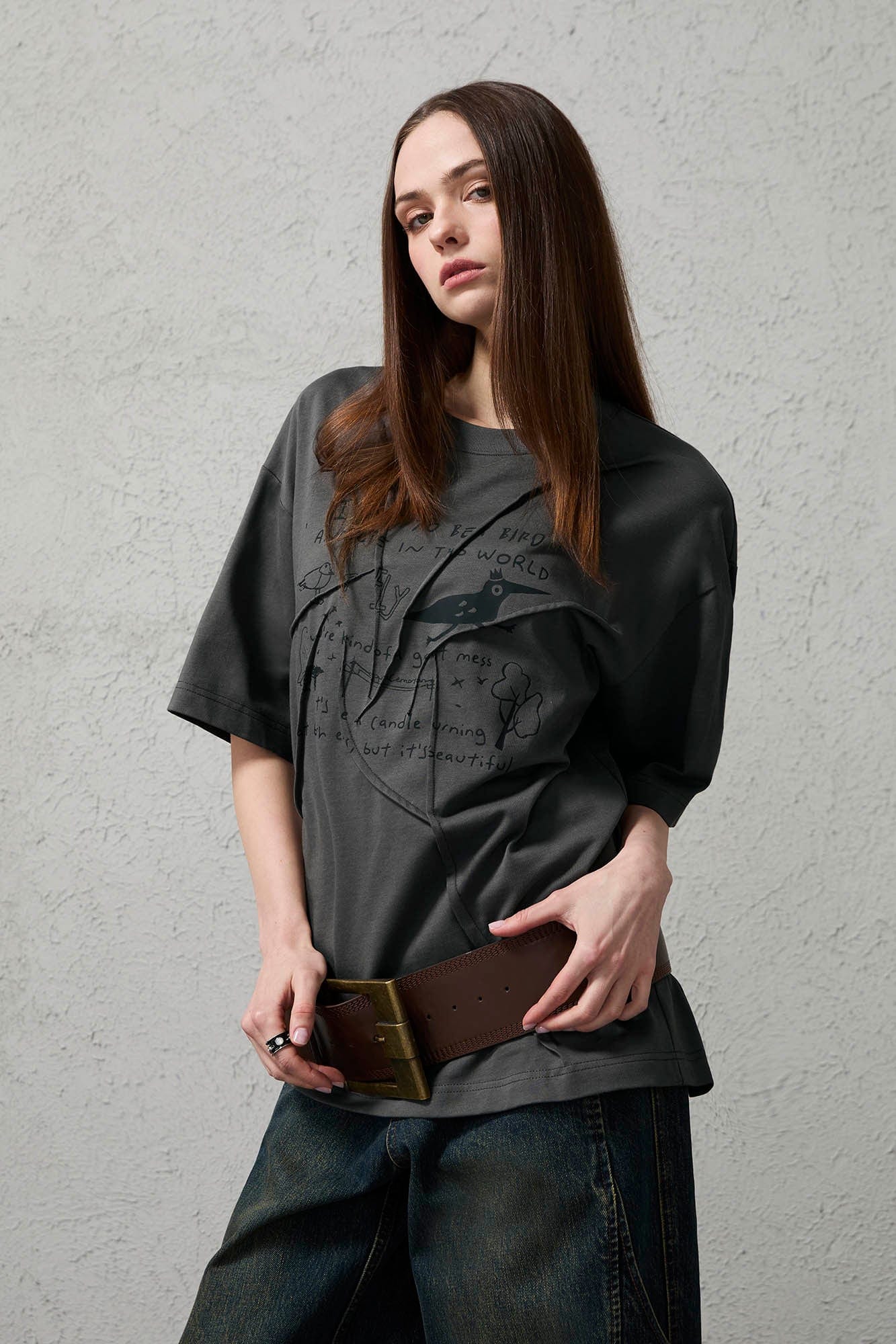 ORGANIC EMOTION Asymmetrical Pleated Script Graphic T-Shirt