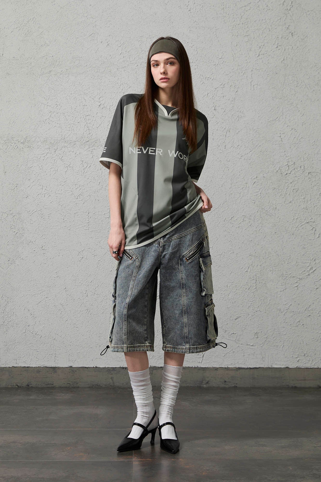 ORGANIC EMOTION Never Work Slogan Stripes Spliced Jersey
