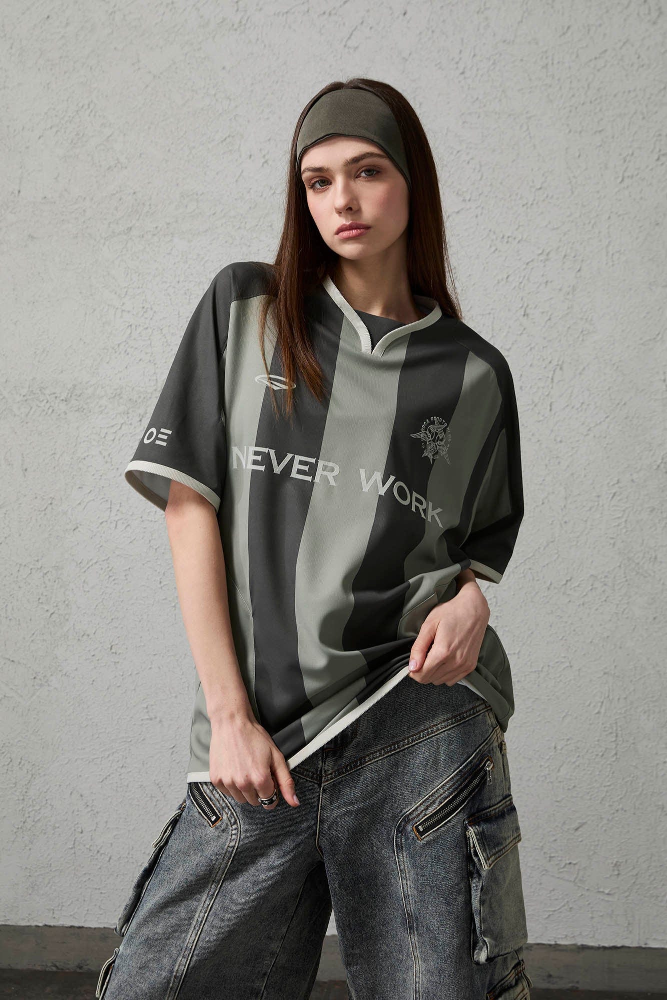 ORGANIC EMOTION Never Work Slogan Stripes Spliced Jersey
