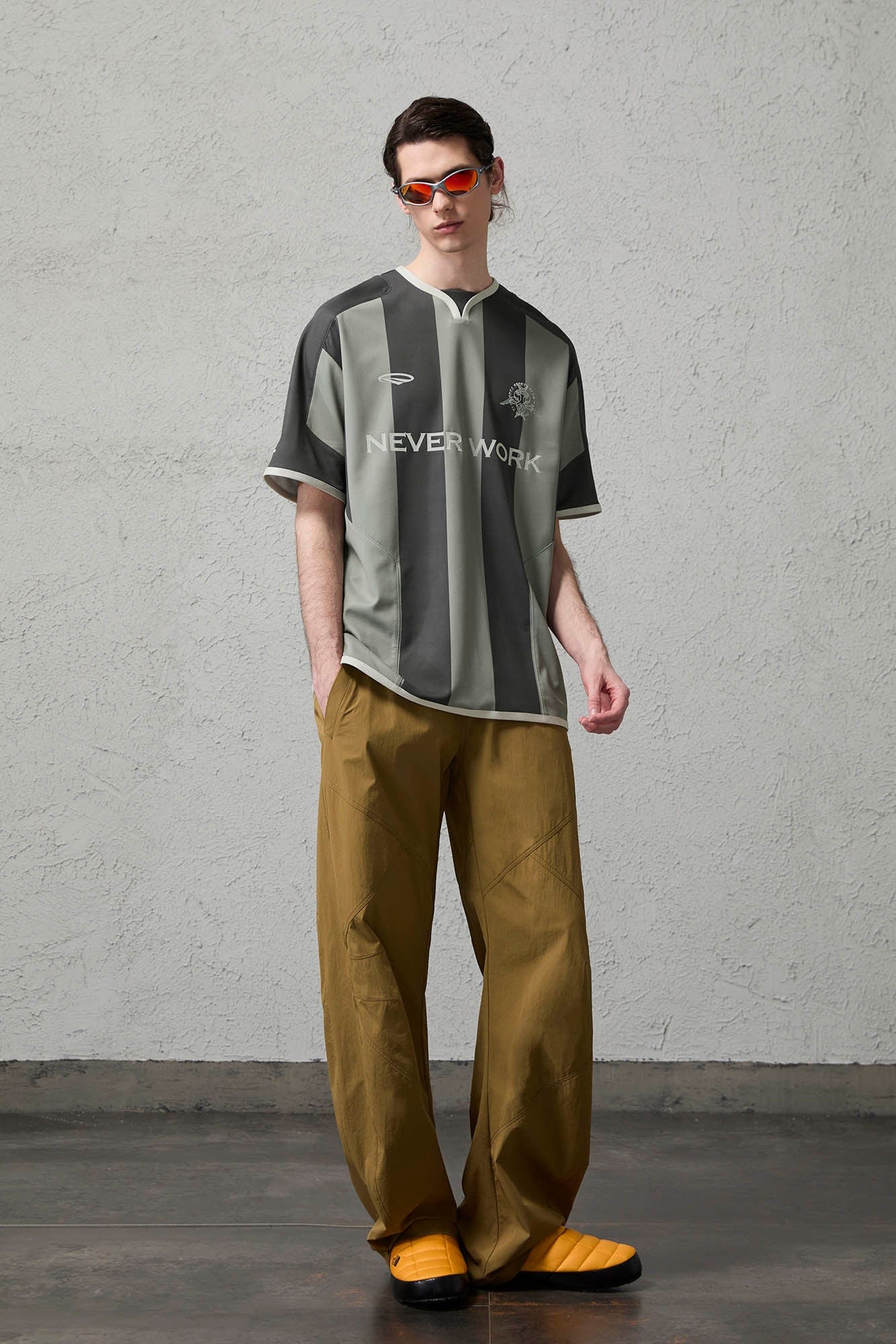 ORGANIC EMOTION Never Work Slogan Stripes Spliced Jersey