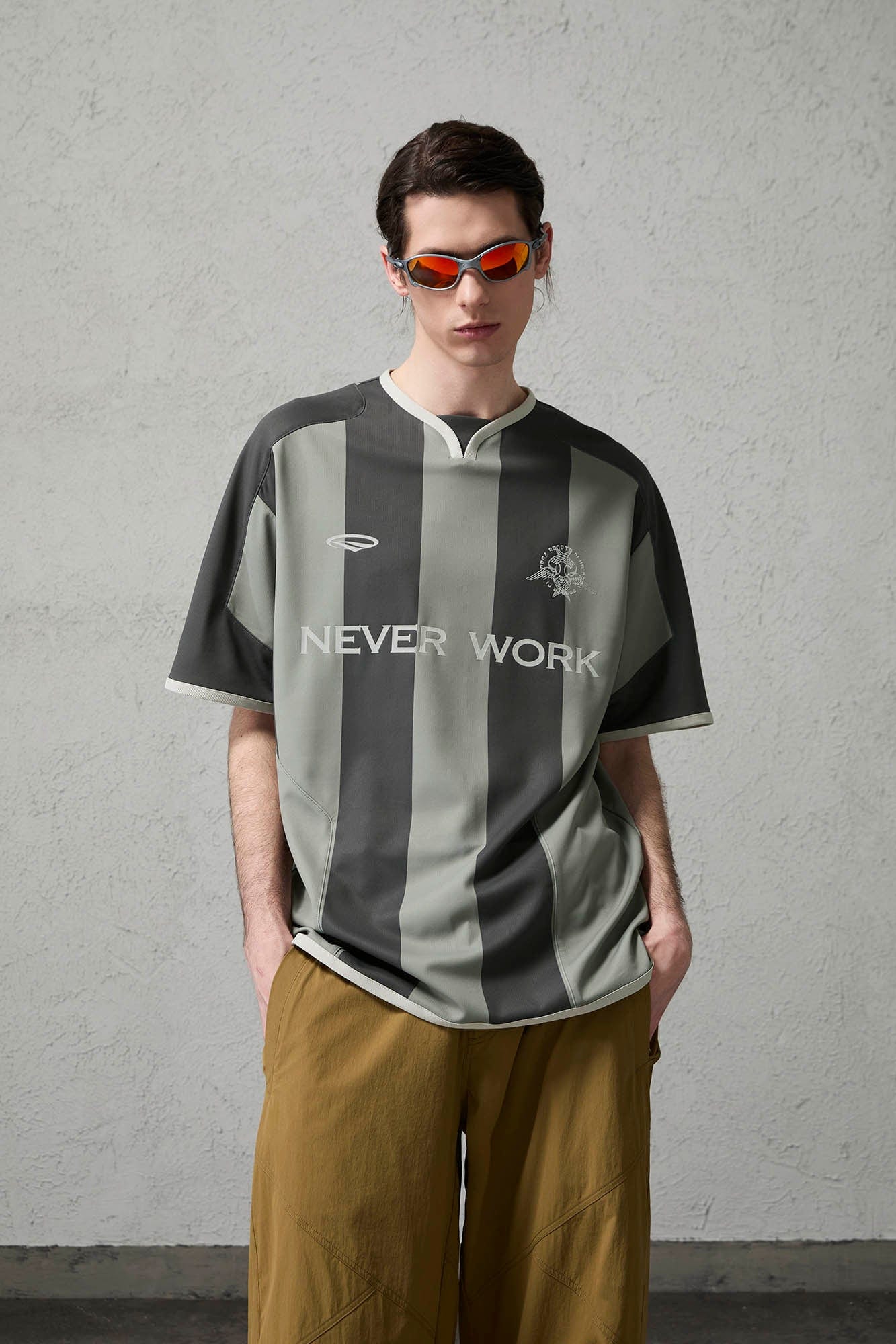 ORGANIC EMOTION Never Work Slogan Stripes Spliced Jersey