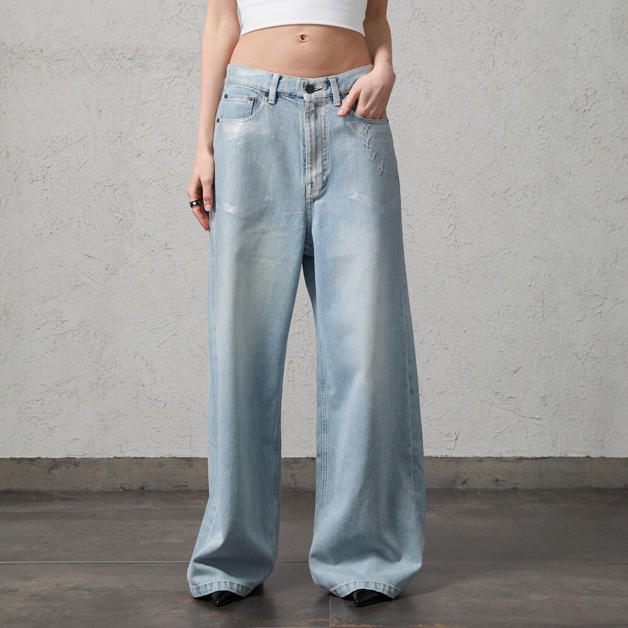 ORGANIC EMOTION Flying Bird Embroidered Washed Wide-Leg Jeans, premium urban and streetwear designers apparel on PROJECTISR.com, ORGANIC EMOTION