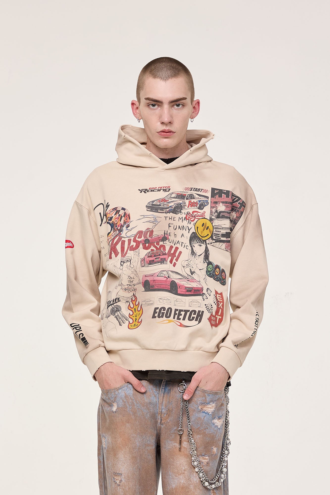 EGOFETCH Distressed Racing Anime Graphic Hoodie