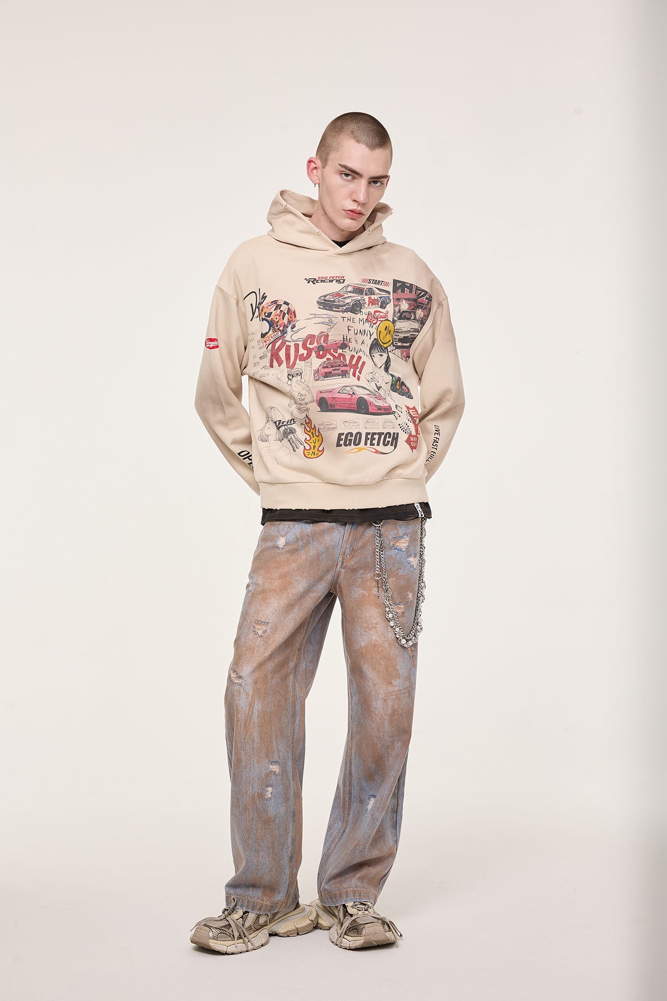 EGOFETCH Distressed Racing Anime Graphic Hoodie