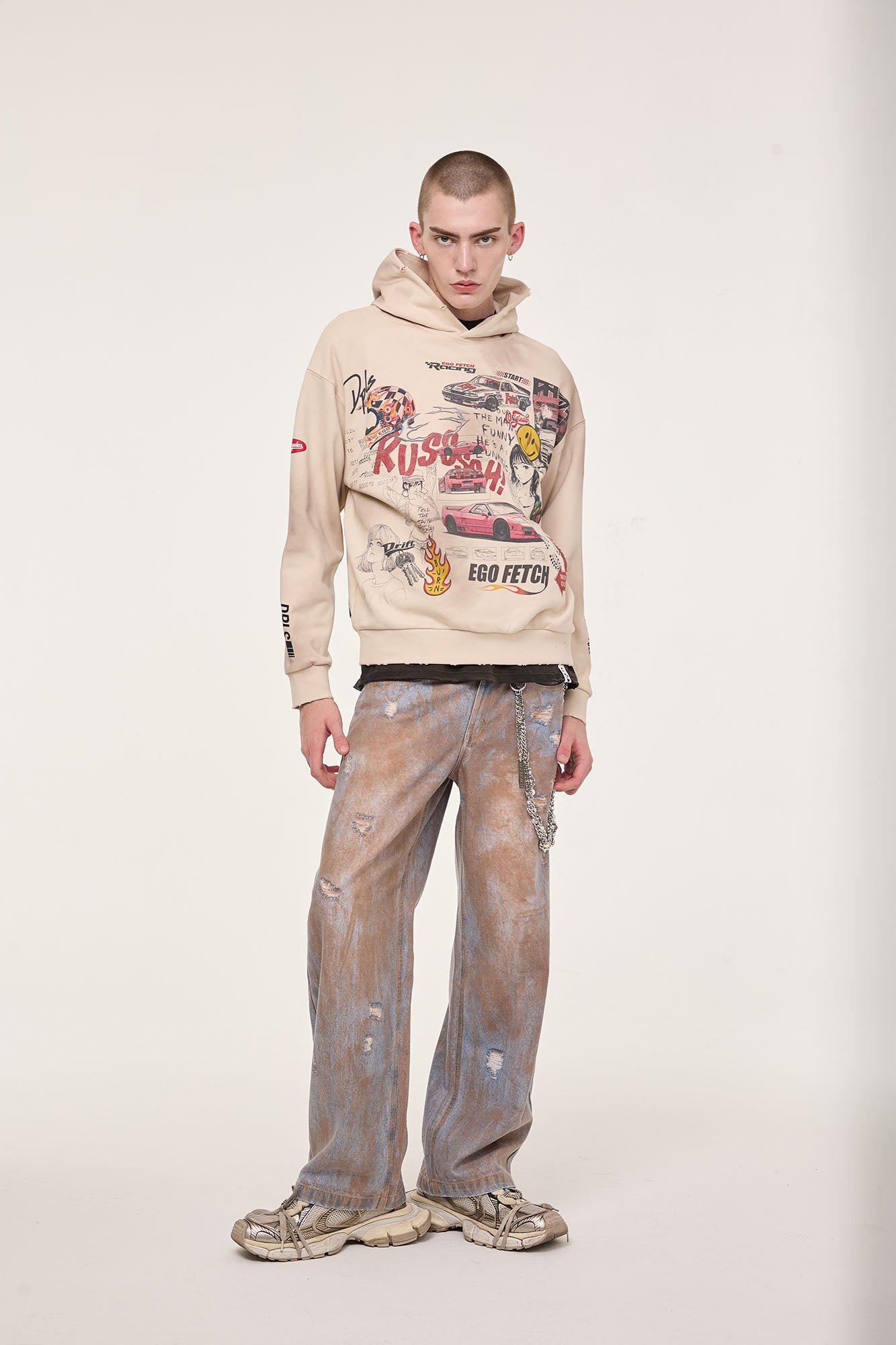 EGOFETCH Distressed Racing Anime Graphic Hoodie