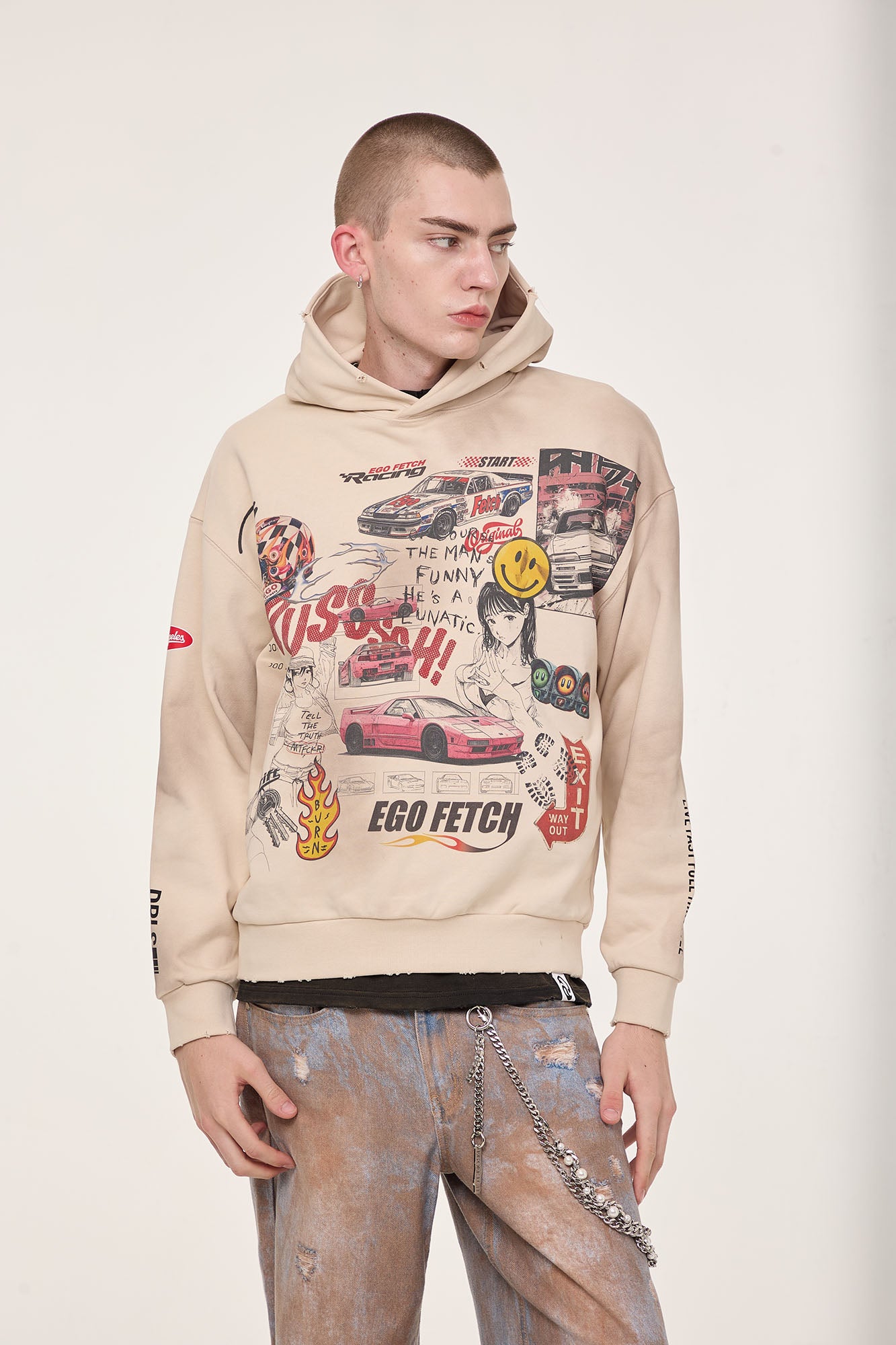 EGOFETCH Distressed Racing Anime Graphic Hoodie