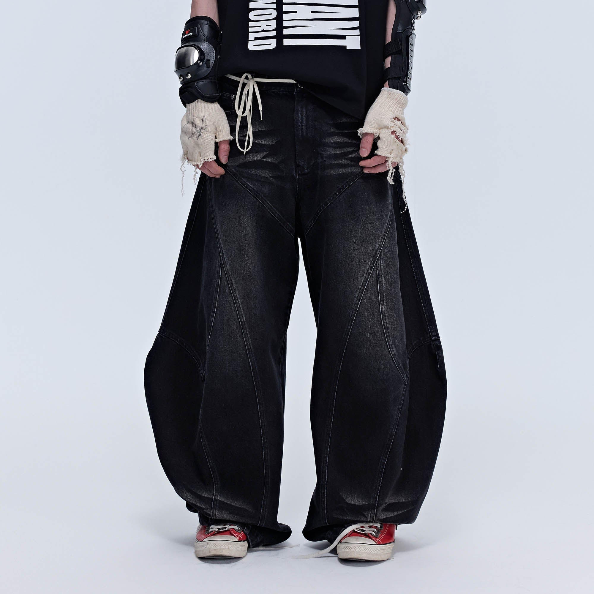 SAVAGEGROWTHWORLD Arc-Paneled Washed Oversized Balloon Jeans, premium urban and streetwear designers apparel on PROJECTISR.com, SAVAGEGROWTHWORLD