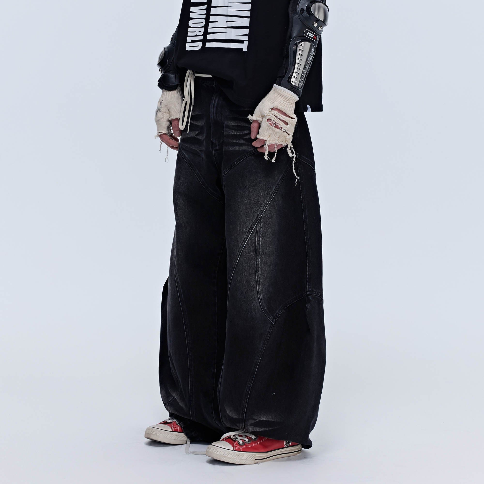 SAVAGEGROWTHWORLD Arc-Paneled Washed Oversized Balloon Jeans, premium urban and streetwear designers apparel on PROJECTISR.com, SAVAGEGROWTHWORLD