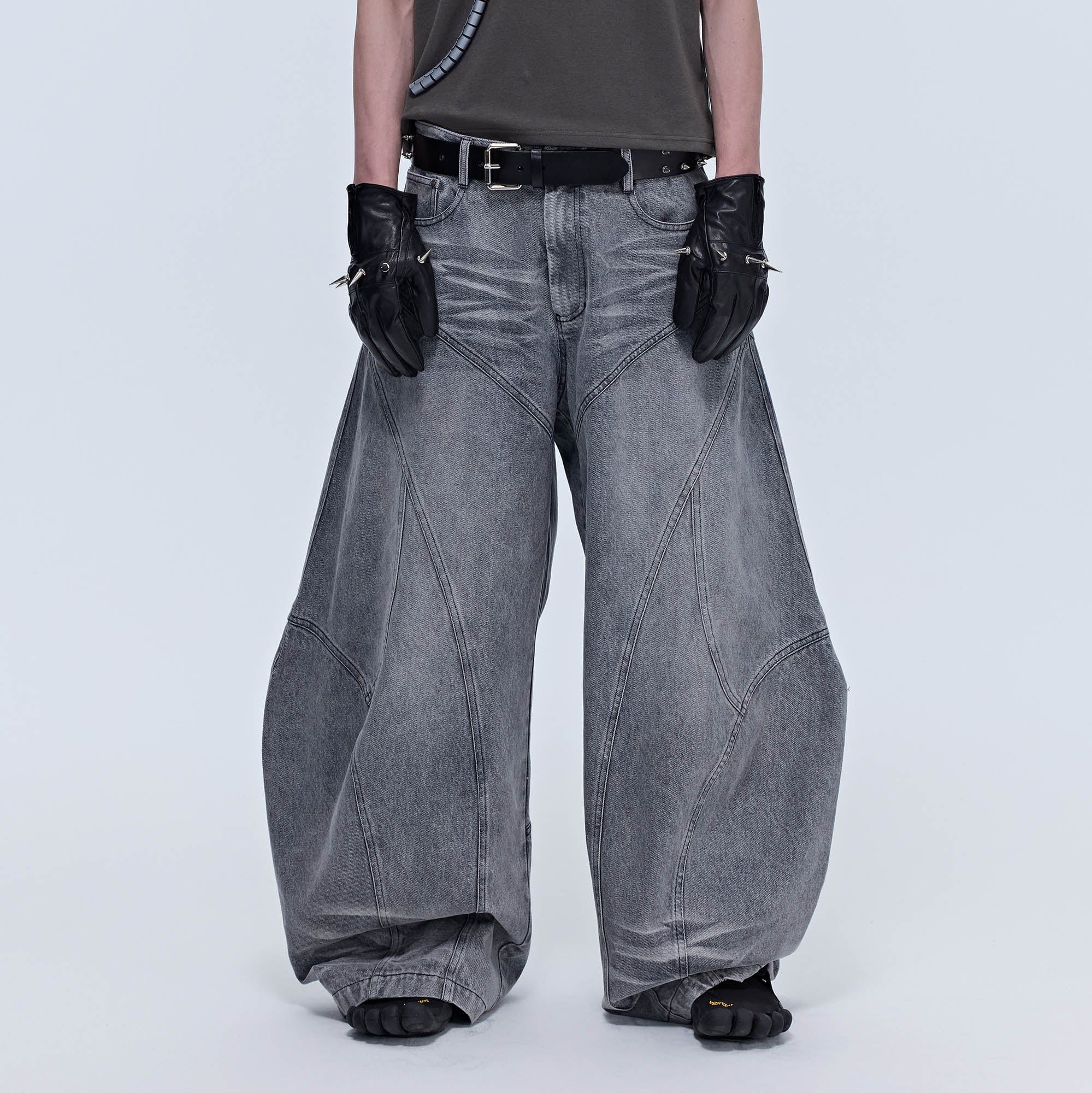 SAVAGEGROWTHWORLD Arc-Paneled Washed Oversized Balloon Jeans, premium urban and streetwear designers apparel on PROJECTISR.com, SAVAGEGROWTHWORLD
