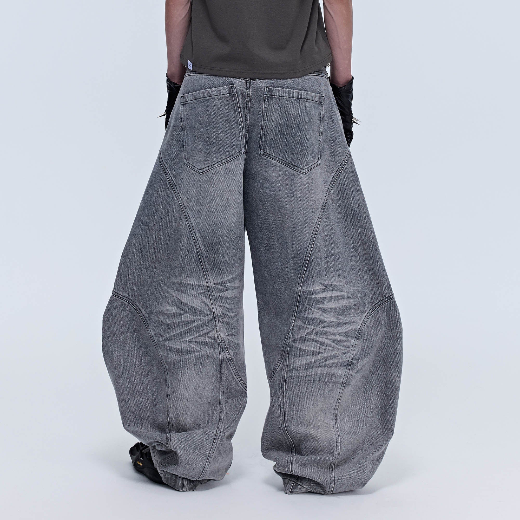 SAVAGEGROWTHWORLD Arc-Paneled Washed Oversized Balloon Jeans, premium urban and streetwear designers apparel on PROJECTISR.com, SAVAGEGROWTHWORLD