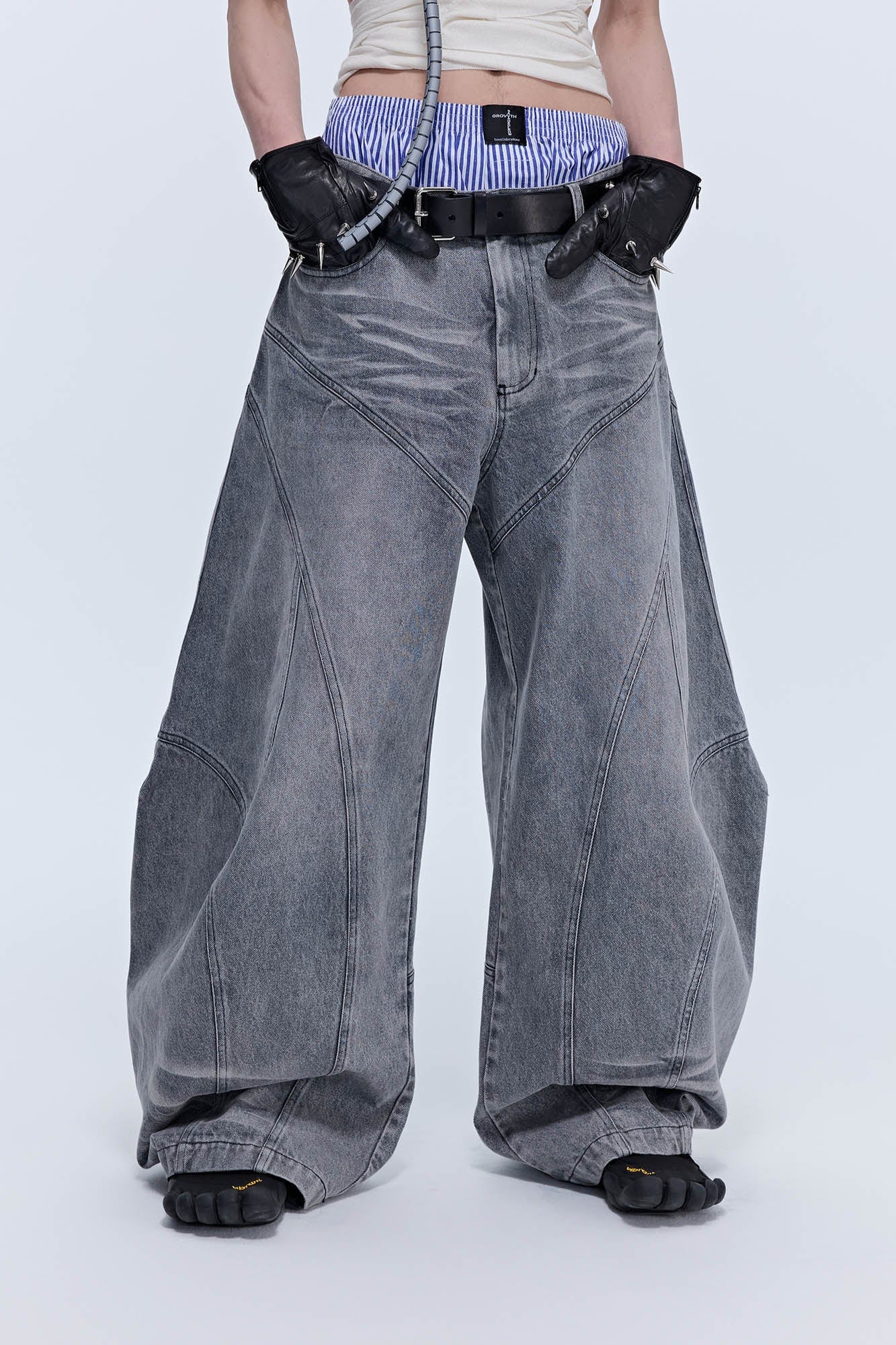 SAVAGEGROWTHWORLD Arc-Paneled Washed Oversized Balloon Jeans, premium urban and streetwear designers apparel on PROJECTISR.com, SAVAGEGROWTHWORLD