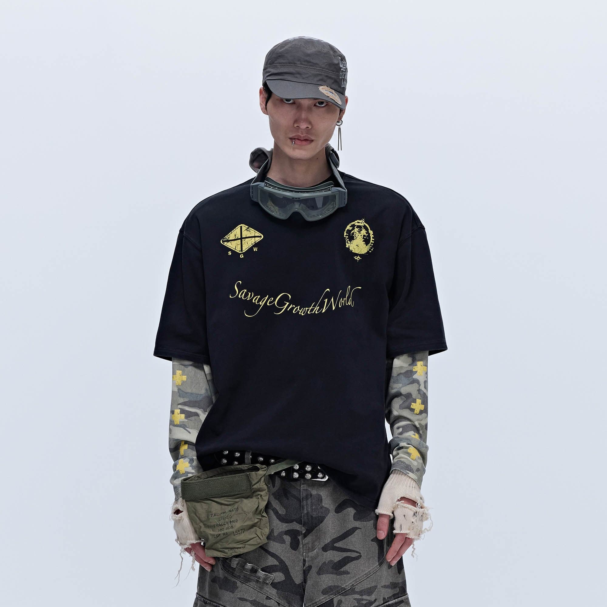 SAVAGEGROWTHWORLD No.5 Camo-Sleeve Layered Long-Sleeve T-Shirt, premium urban and streetwear designers apparel on PROJECTISR.com, SAVAGEGROWTHWORLD